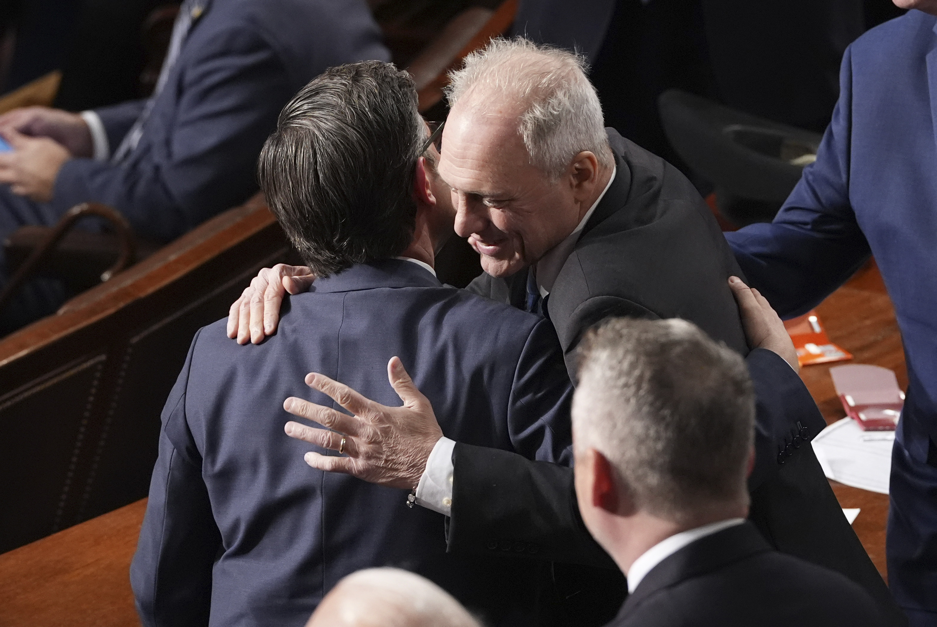 House Majority Leader Steve Scalise, R-La., right, congratulates House Speaker Mike Johnson, R-La., upon Johnson's re-election as the House of Representatives meets to elect a speaker and convene the new 119th Congress at the Capitol in Washington, Friday, Jan. 3, 2025. (AP Photo/Jacquelyn Martin)