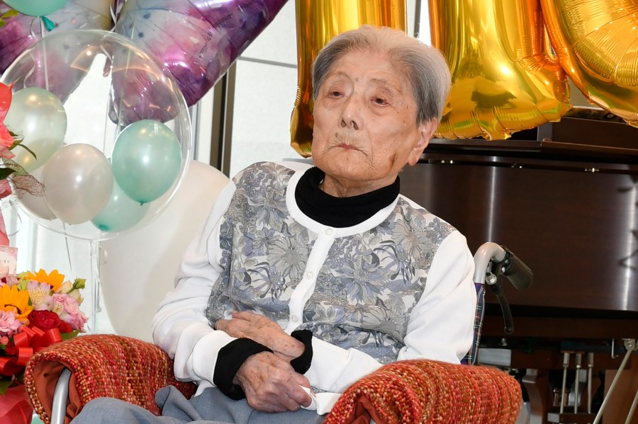 FILE - This photo provided by Ashiya City shows Tomiko Itooka, being celebrated for her 116th birthday at the nursing home she lives in Ashiya, western Japan, on May 23, 2024. (Ashiya City via AP, File)