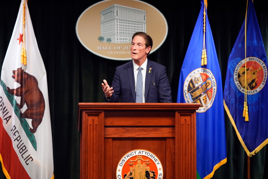 Los Angeles County District Attorney Nathan Hochman talks about the resentencing of Erik and Lyle Menendez for the murders of their parents decades ago during a news conference in downtown Los Angeles on Friday, Jan. 3, 2025. (AP Photo/Damian Dovarganes)