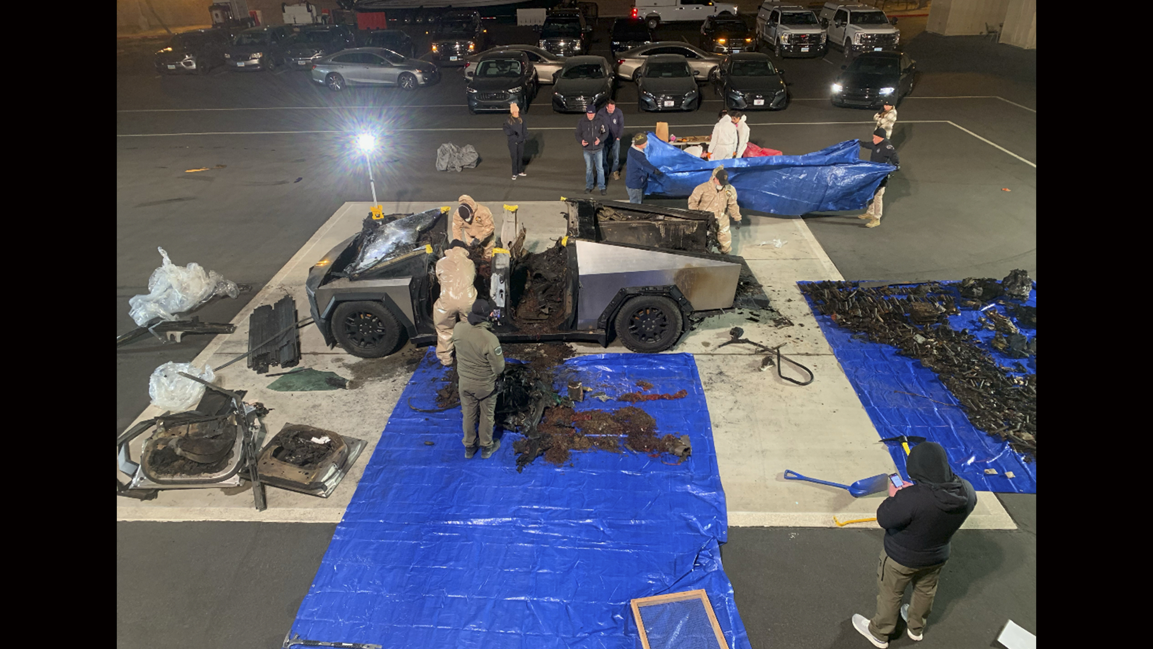 This undated photo, provided by the Las Vegas Police Department shows the Tesla Cybertruck involved in an explosion outside the Trump Hotel in Las Vegas. (Las Vegas Police Department via AP)