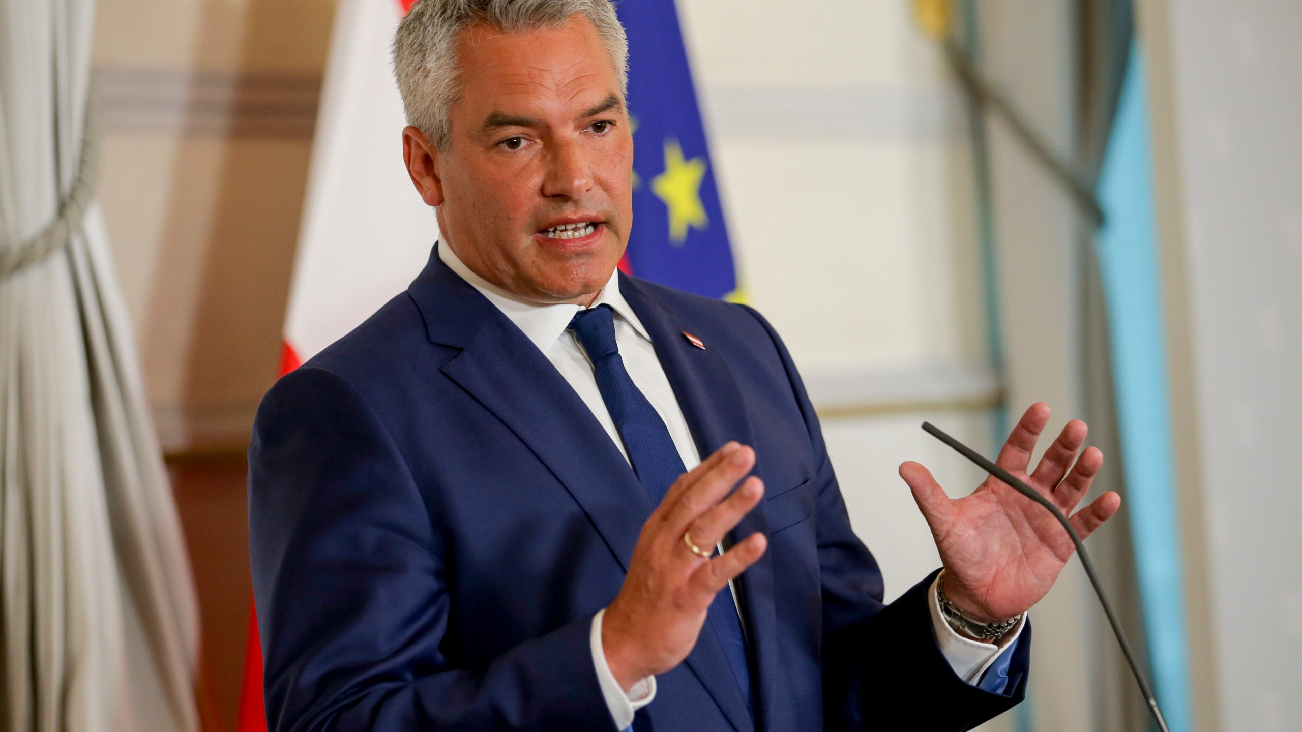 FILE - Austrian Chancellor Karl Nehammer attends a press conference in Vienna on Thursday, Aug. 8, 2024. (AP Photo/Heinz-Peter Bader, File)