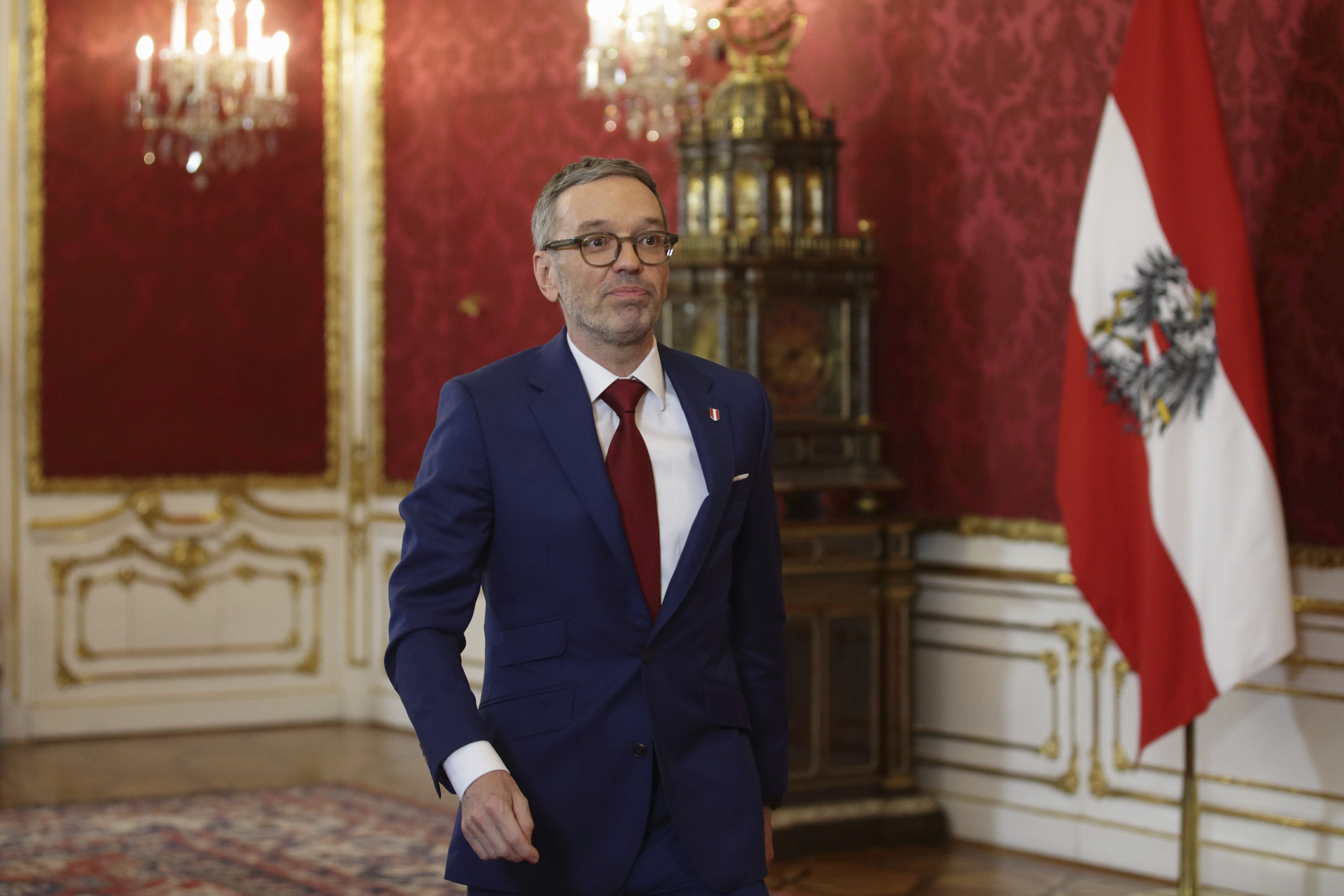 Head of the Freedom Party (FPOe) Herbert Kickl leaves the presidential office, in Vienna, Austria, Monday, Jan. 06, 2025. (AP Photo/Heinz-Peter Bader)