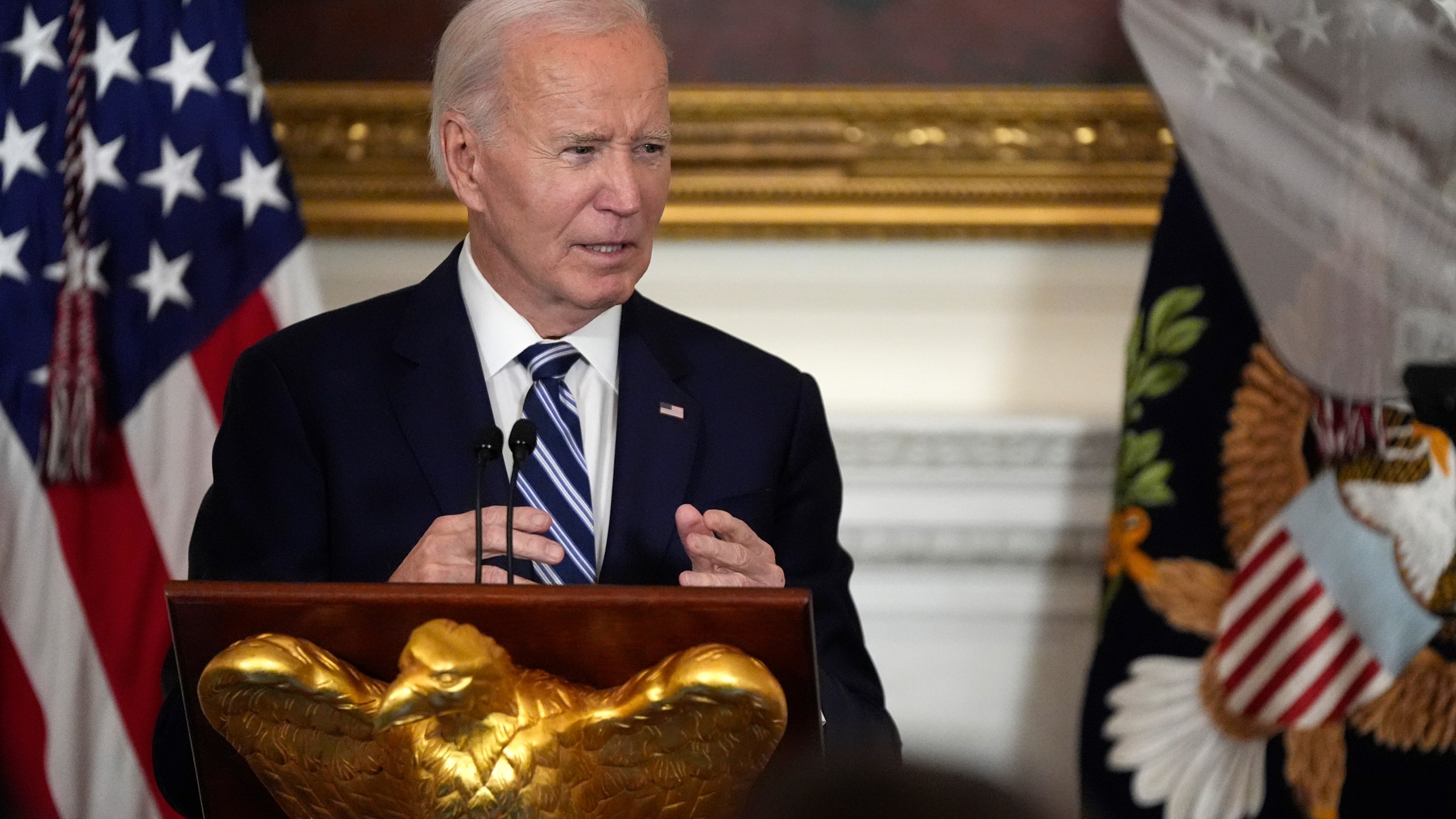 President Joe Biden speaks at a reception for new Democratic members of Congress in the State Dining Room of the White House, Sunday, Jan. 5, 2025, in Washington. (AP Photo/Manuel Balce Ceneta)