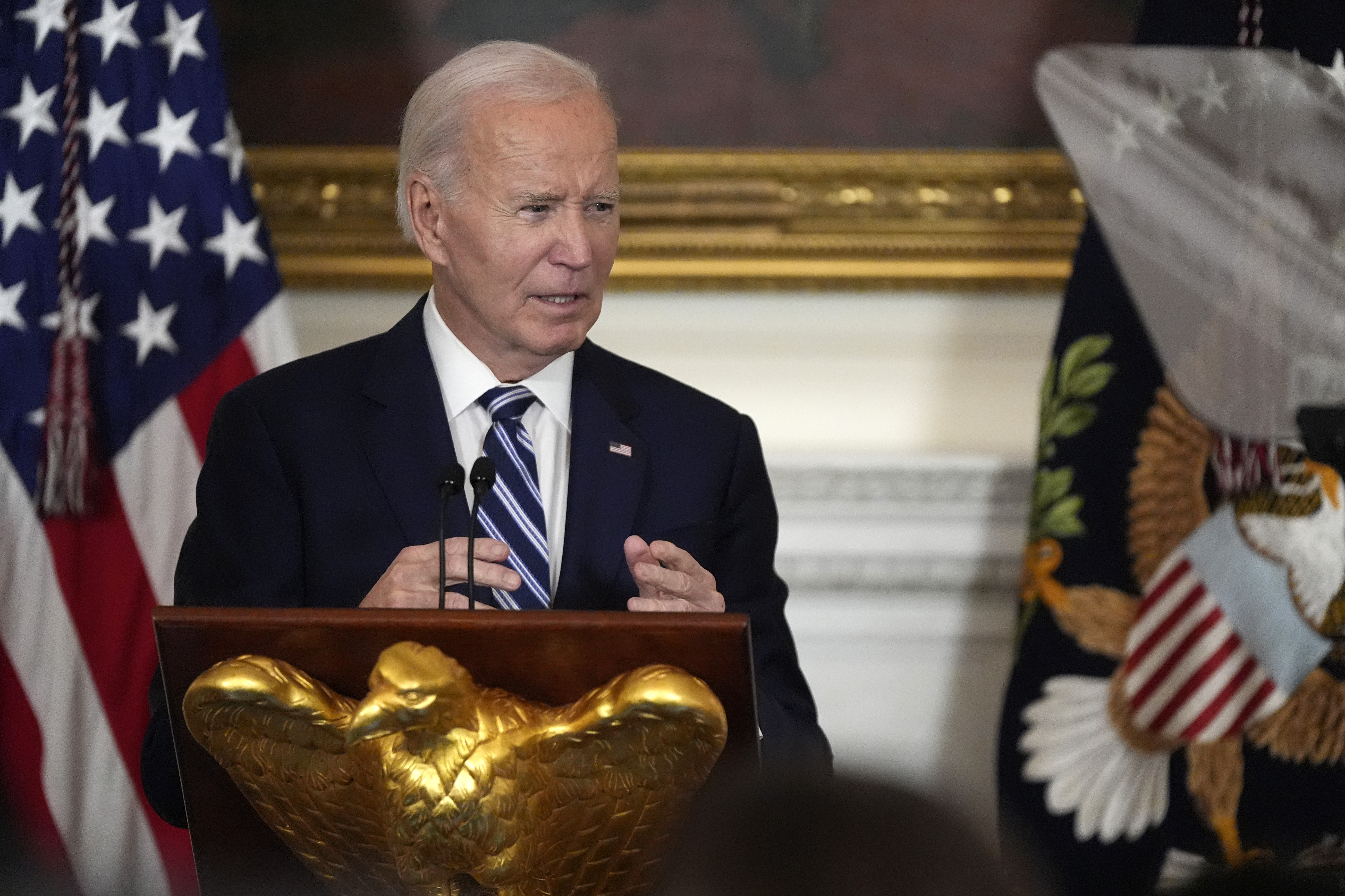 President Joe Biden speaks at a reception for new Democratic members of Congress in the State Dining Room of the White House, Sunday, Jan. 5, 2025, in Washington. (AP Photo/Manuel Balce Ceneta)