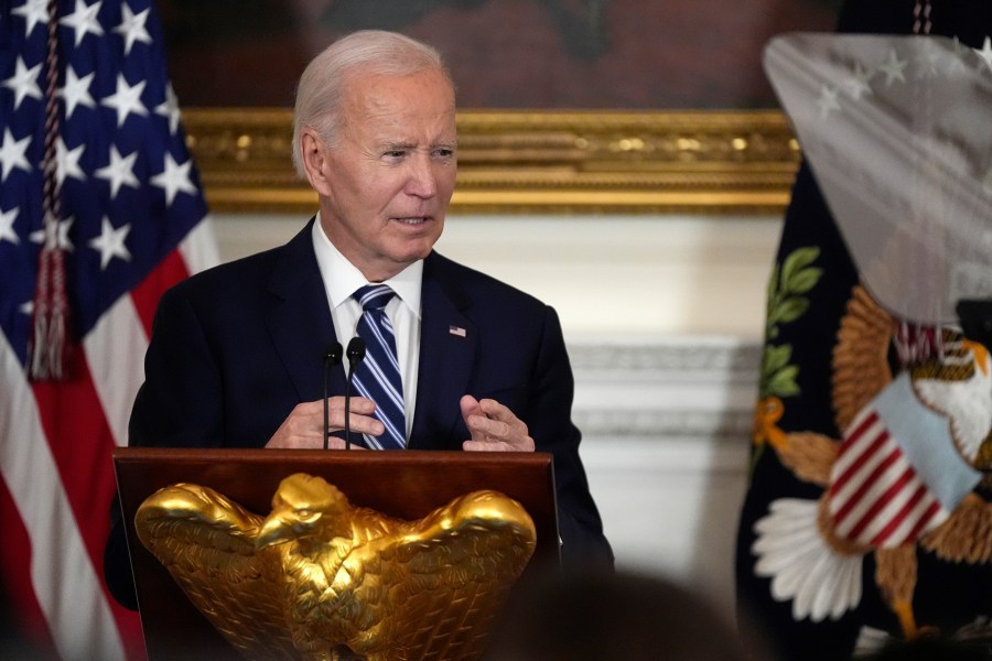 President Joe Biden speaks at a reception for new Democratic members of Congress in the State Dining Room of the White House, Sunday, Jan. 5, 2025, in Washington. (AP Photo/Manuel Balce Ceneta)