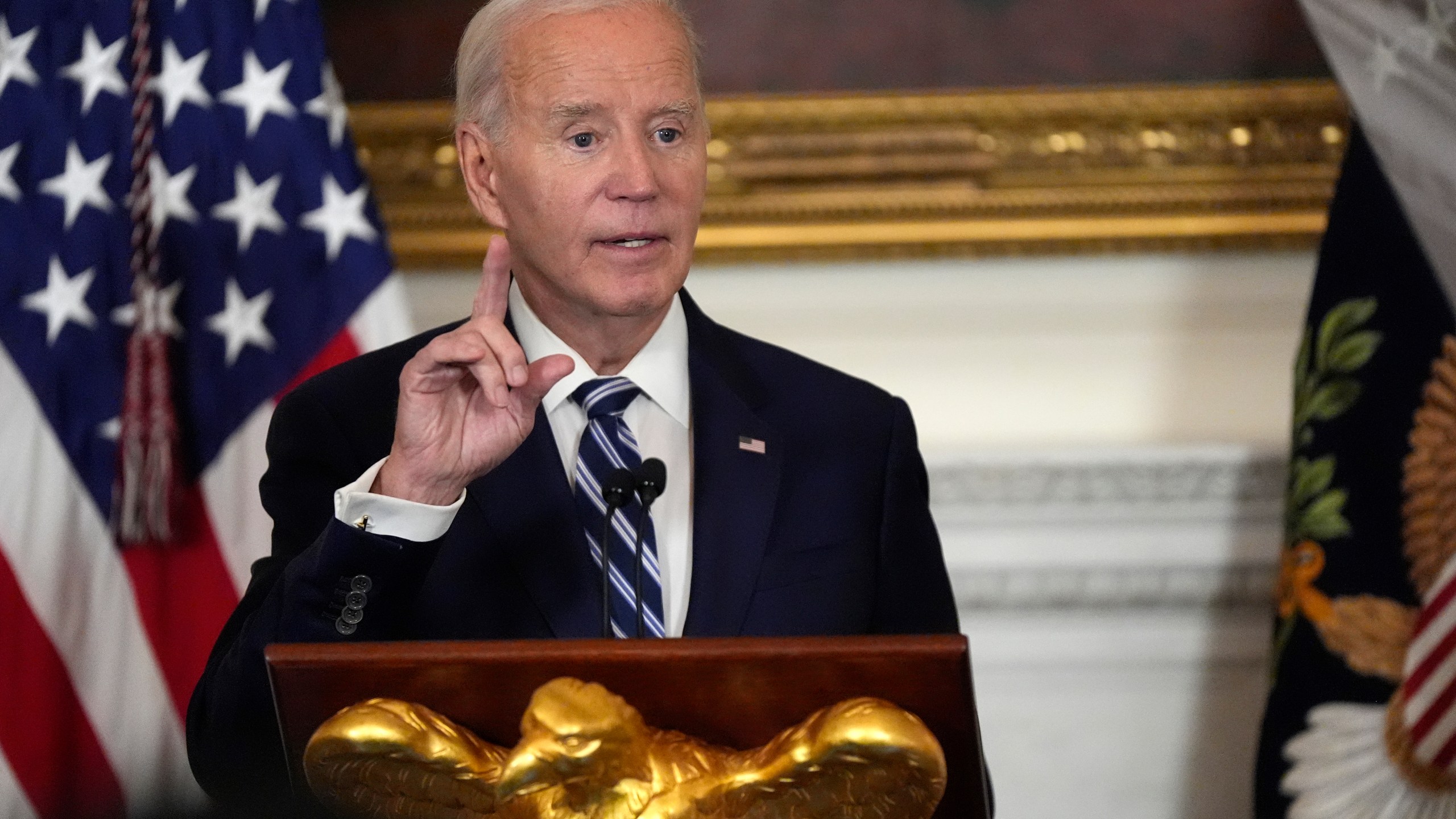 President Joe Biden speaks at a reception for new Democratic members of Congress in the State Dining Room of the White House, Sunday, Jan. 5, 2025, in Washington. (AP Photo/Manuel Balce Ceneta)