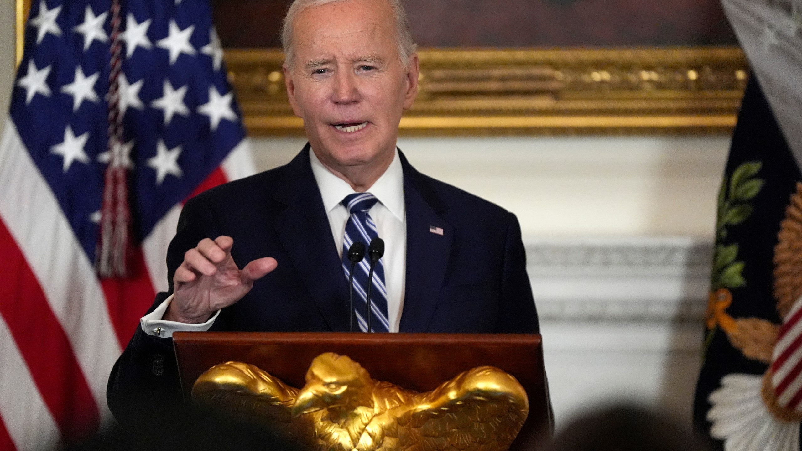 President Joe Biden speaks at a reception for new Democratic members of Congress in the State Dining Room of the White House, Sunday, Jan. 5, 2025, in Washington. (AP Photo/Manuel Balce Ceneta)