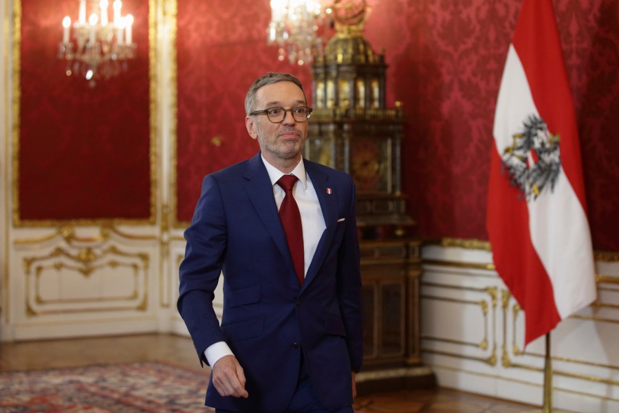 Head of the Freedom Party (FPOe) Herbert Kickl leaves the presidential office, in Vienna, Austria, Monday, Jan. 06, 2025. (AP Photo/Heinz-Peter Bader)