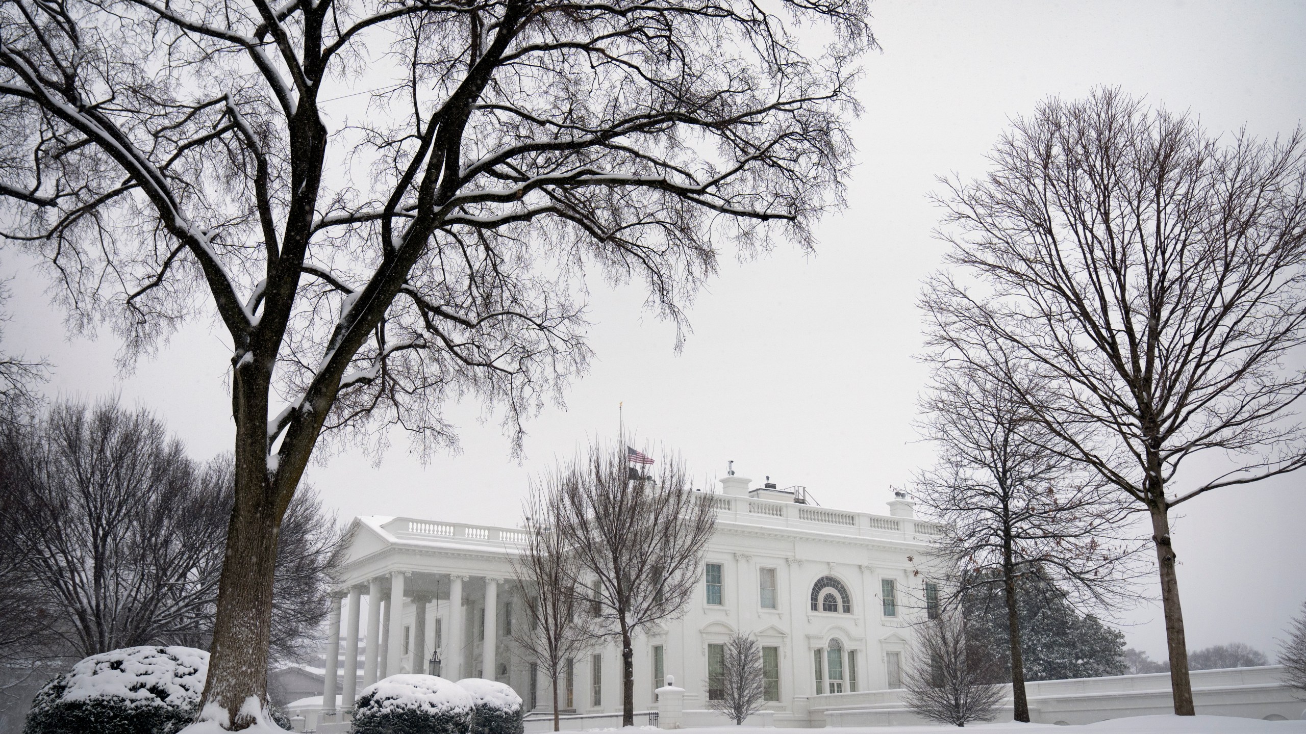 Snow falls during a winter storm at the White House, Monday, Jan. 6, 2025, in Washington. (AP Photo/Mark Schiefelbein)