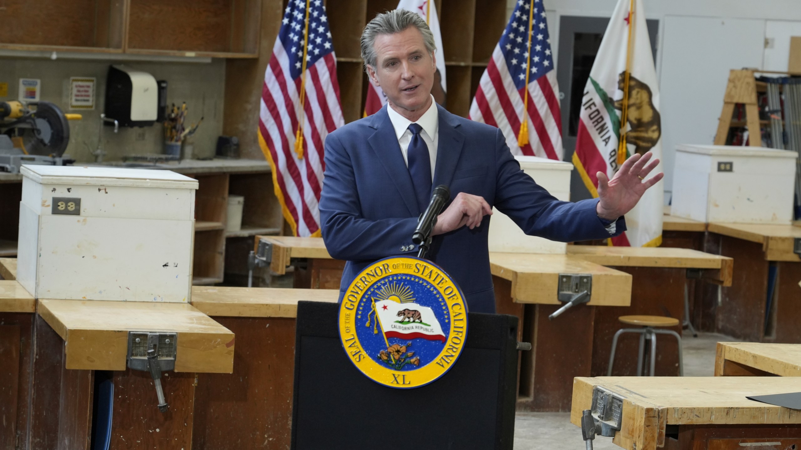 California Gov. Gavin Newsom outlines his proposed 2025-2026 $322 billion state budget during a news conference at California State University, Stanislaus in Turlock, Calif., Monday, Jan. 6,2025. (AP Photo/Rich Pedroncelli)