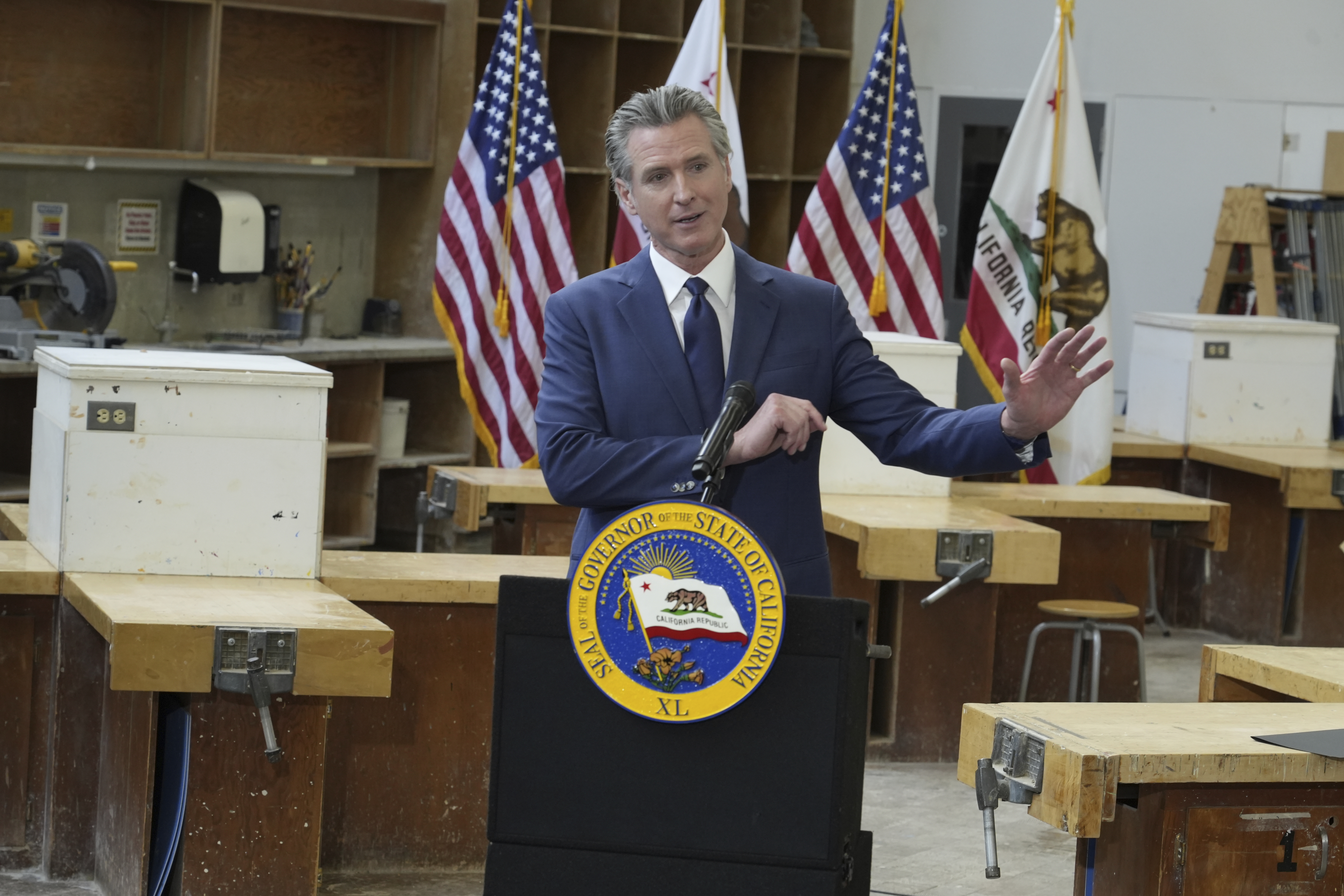 California Gov. Gavin Newsom outlines his proposed 2025-2026 $322 billion state budget during a news conference at California State University, Stanislaus in Turlock, Calif., Monday, Jan. 6,2025. (AP Photo/Rich Pedroncelli)