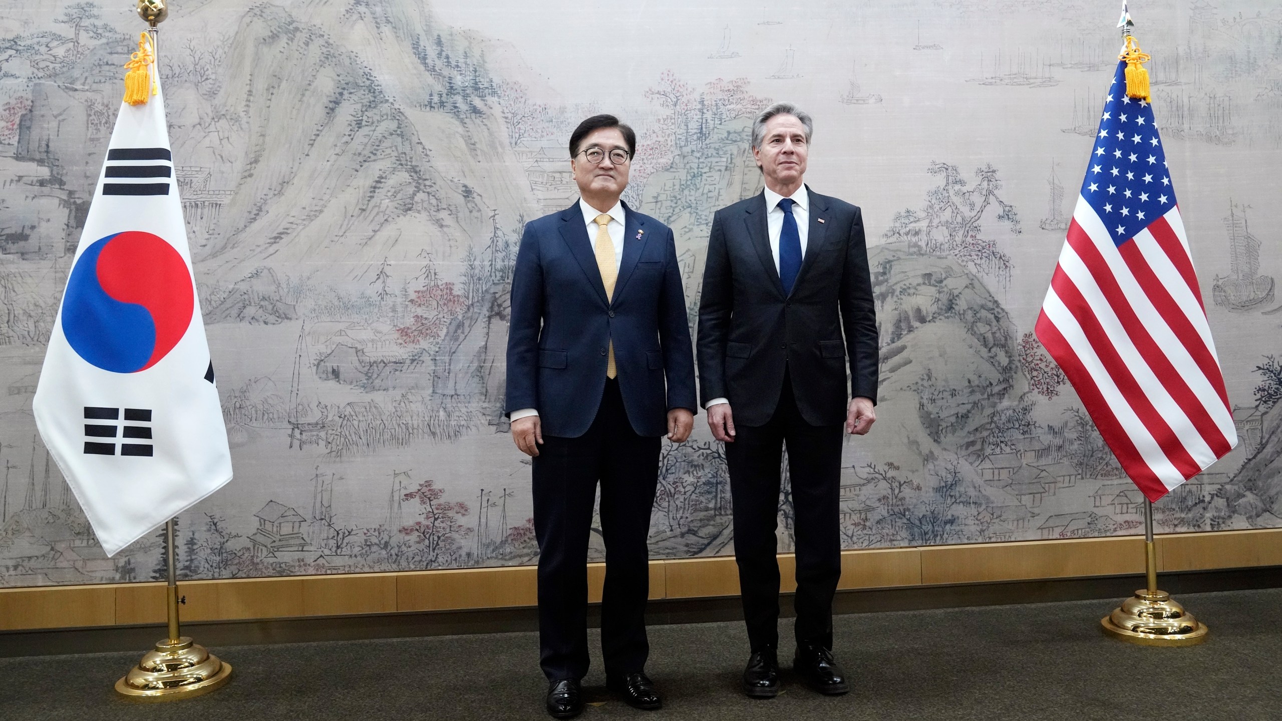 U.S. Secretary of State Antony Blinken, right, and South Korea's National Assembly Speaker Woo Won Shik, left, pose for photographers prior to a meeting at the National Assembly in Seoul, South Korea, Monday, Jan. 6, 2025. (AP Photo/Lee Jin-man, Pool)