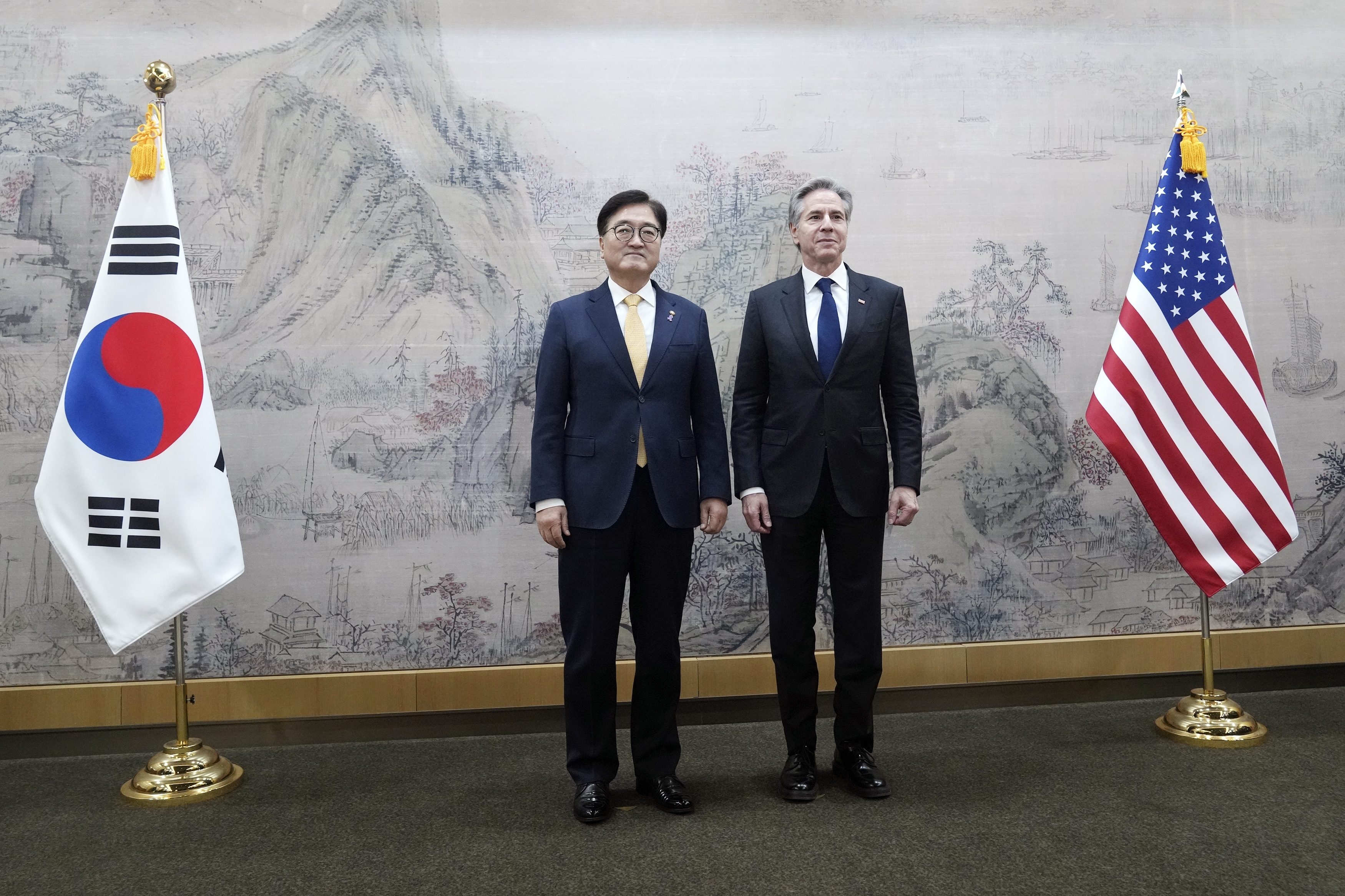 U.S. Secretary of State Antony Blinken, right, and South Korea's National Assembly Speaker Woo Won Shik, left, pose for photographers prior to a meeting at the National Assembly in Seoul, South Korea, Monday, Jan. 6, 2025. (AP Photo/Lee Jin-man, Pool)