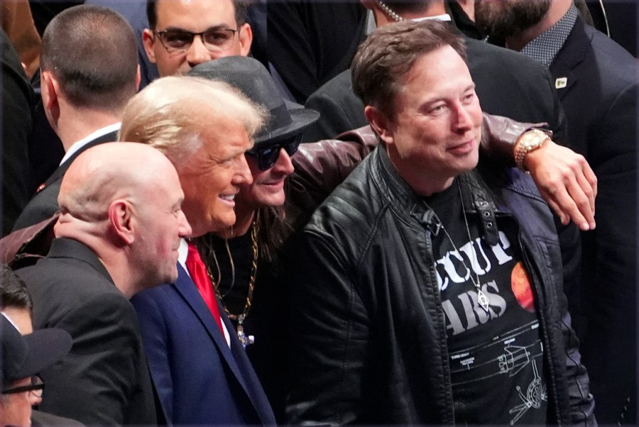 FILE - President-elect Donald Trump poses for a photo with Dana White, Kid Rock and Elon Musk at UFC 309 at Madison Square Garden, Nov. 16, 2024, in New York. (AP Photo/Evan Vucci, File)