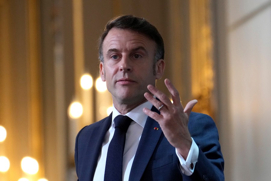 French President Emmanuel Macron delivers his speech to French ambassadors posted around the world, Monday, Jan. 6, 2025 at the Elysee Palace in Paris. (AP Photo/Aurelien Morissard, Pool)