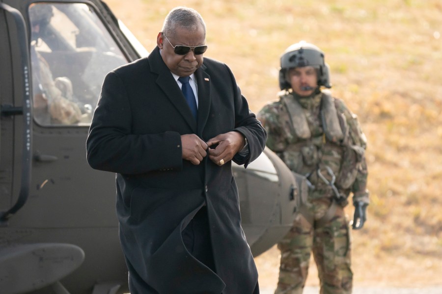 U.S. Secretary of Defense Lloyd Austin arrives at Camp Asaka, a Japan Ground Self-Defense Force base, on the outskirts of Tokyo, Wednesday, Dec. 11, 2024.(Tomohiro Ohsumi/Pool Photo via AP)