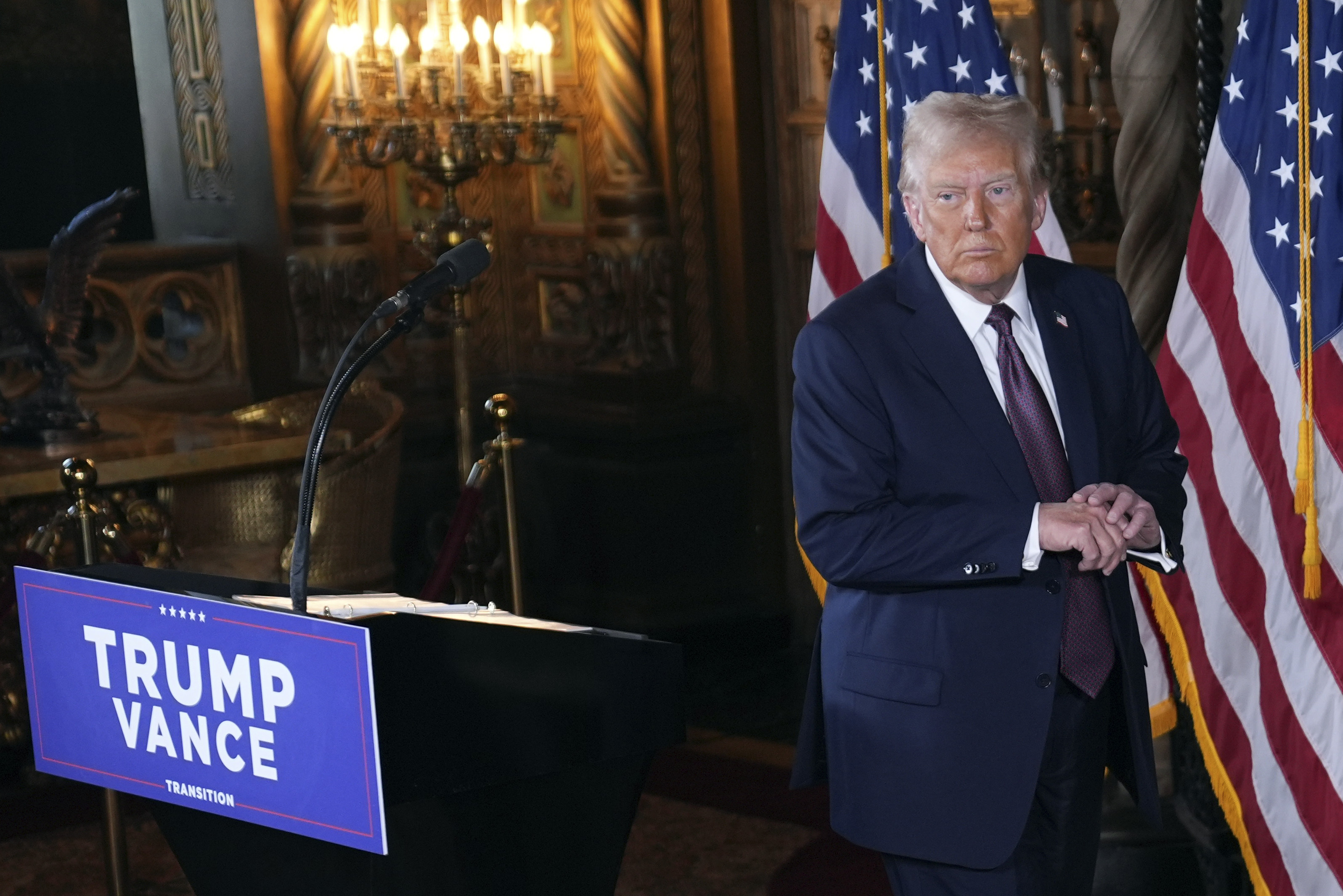 President-elect Donald Trump walks from the podium after a news conference at Mar-a-Lago, Tuesday, Jan. 7, 2025, in Palm Beach, Fla. (AP Photo/Evan Vucci)