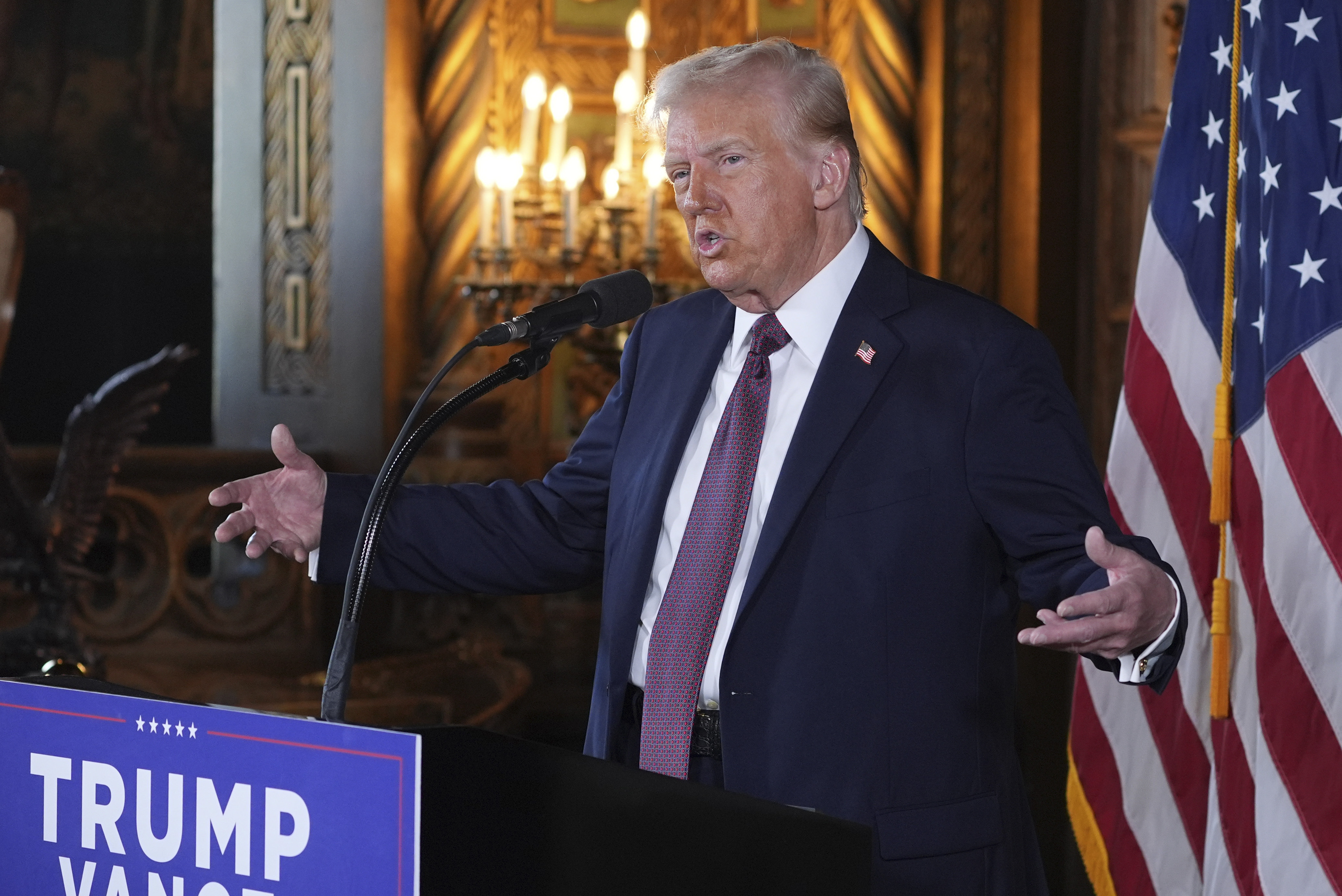 President-elect Donald Trump speaks during a news conference at Mar-a-Lago, Tuesday, Jan. 7, 2025, in Palm Beach, Fla. (AP Photo/Evan Vucci)