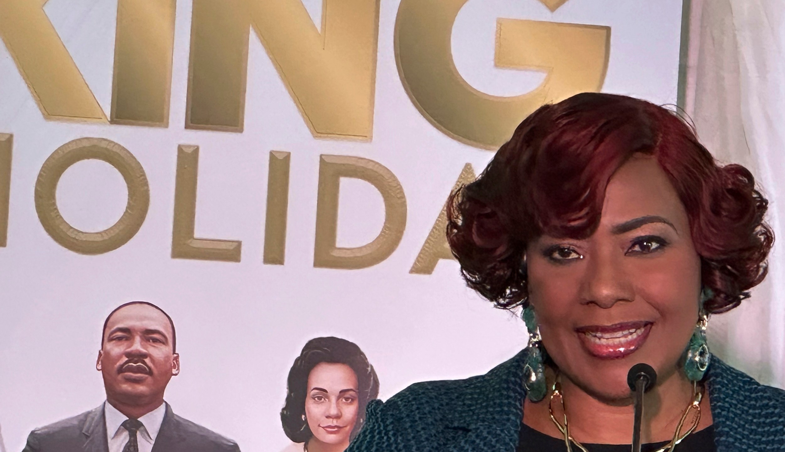 King Center CEO Bernice King, daughter of the Rev. Martin Luther King Jr., speaks during a news conference at the King Center in Atlanta on Tuesday, Jan. 7, 2025. (AP Photo/Kate Brumback)