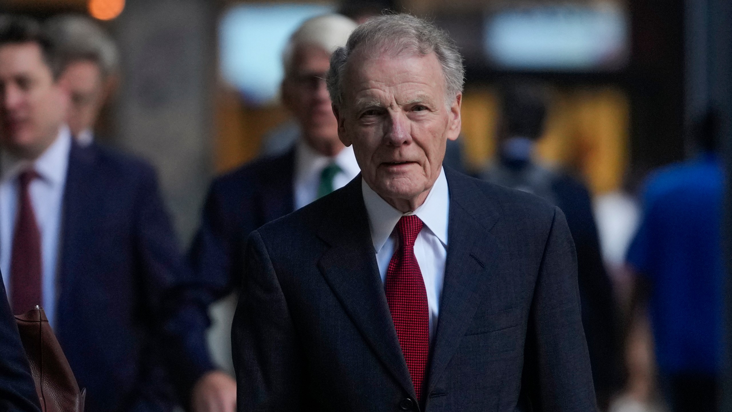 FILE - Former Illinois House Speaker Michael Madigan arrives at federal court where he is on trial for charges in a multimillion-dollar racketeering and bribery scheme, Oct. 21, 2024, in Chicago. (AP Photo/Erin Hooley, File)