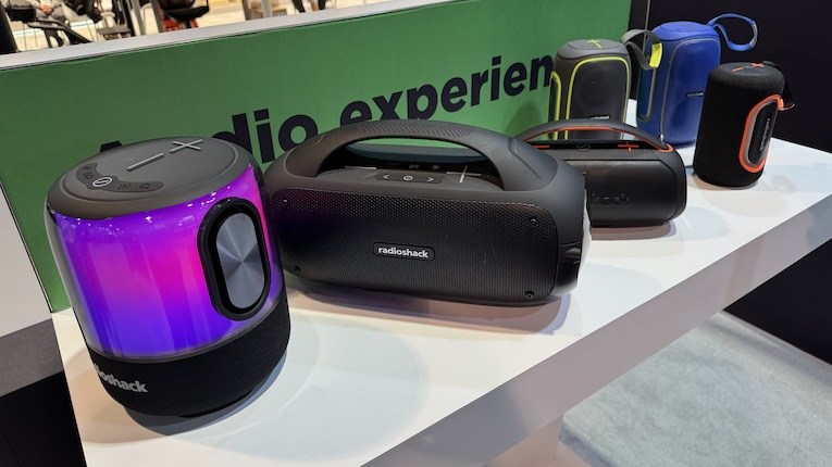 RadioShack's collection of Bluetooth speakers at CES. (Jacob Palmer / BestReviews) / Is RadioShack back? Brand attempts return to relevance with consumer products