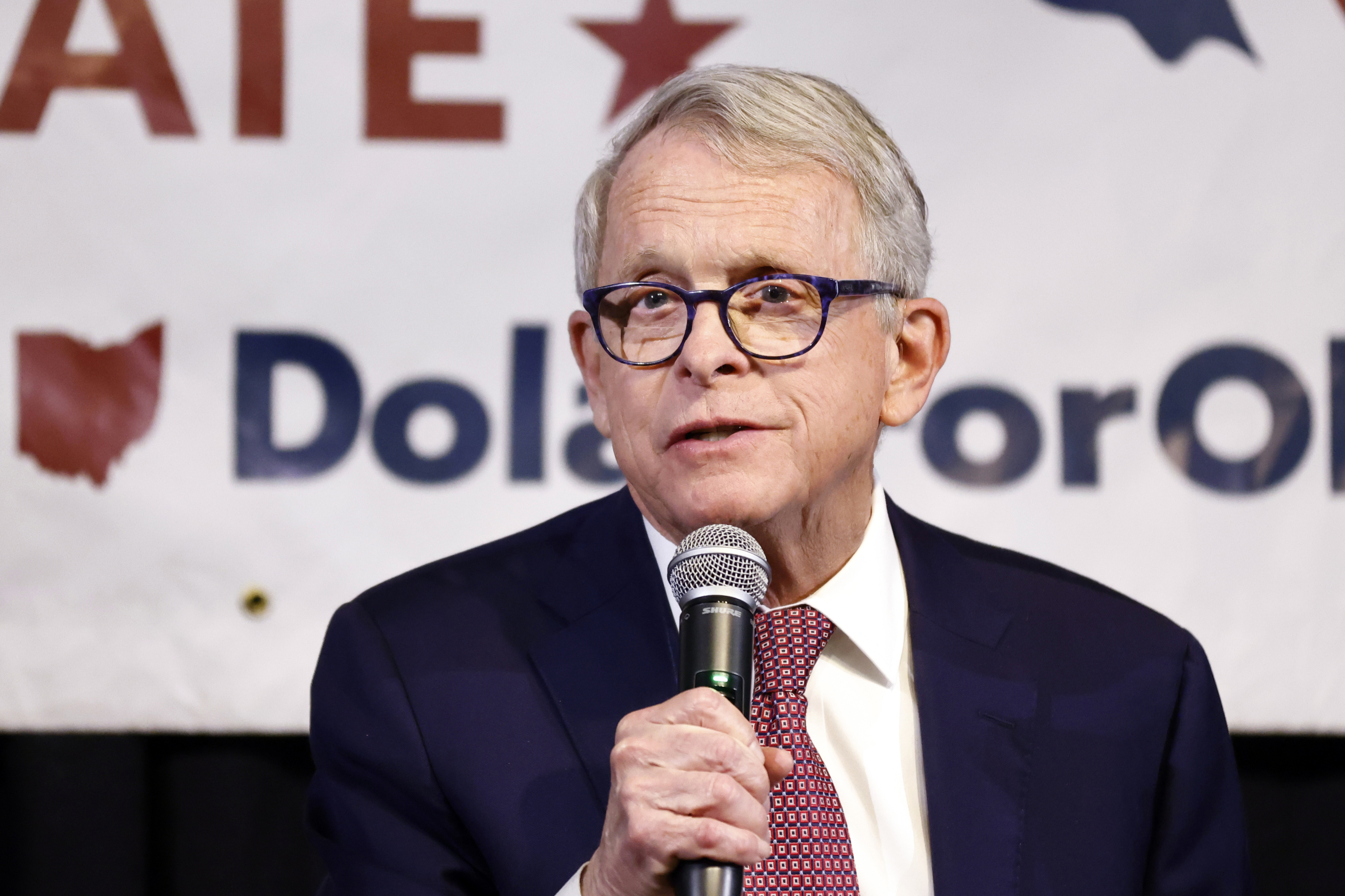 FILE - Ohio Gov. Mike DeWine introduces Ohio state senator and Republican candidate for U.S. Senate Matt Dolan during a campaign event in Columbus, Ohio, Monday, March 18, 2024. (AP Photo/Paul Vernon, File)