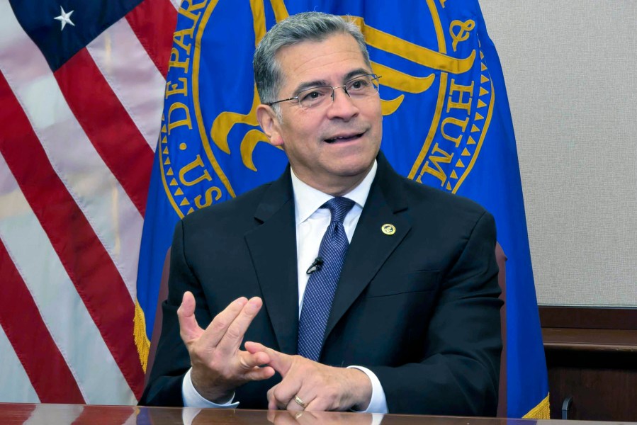 Secretary of the Department of Health and Human Services Xavier Becerra, speaks to The Associated Press, Wednesday, Jan. 8, 2024 in Washington. (AP Photo/Nathan Ellgren)