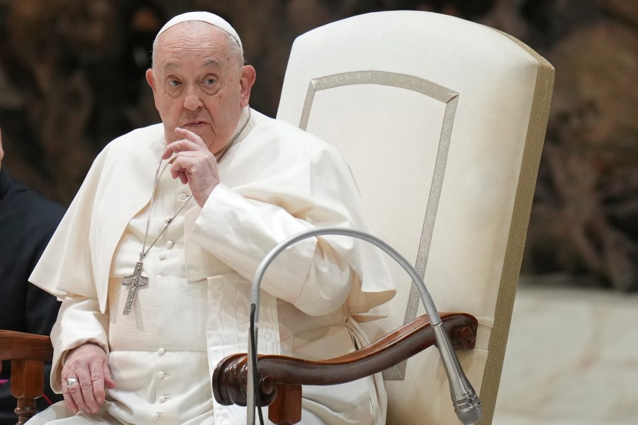 Pope Francis attends his weekly general audience in the Paul VI Hall, at the Vatican, Wednesday, Jan. 8, 2025. (AP Photo/Alessandra Tarantino)