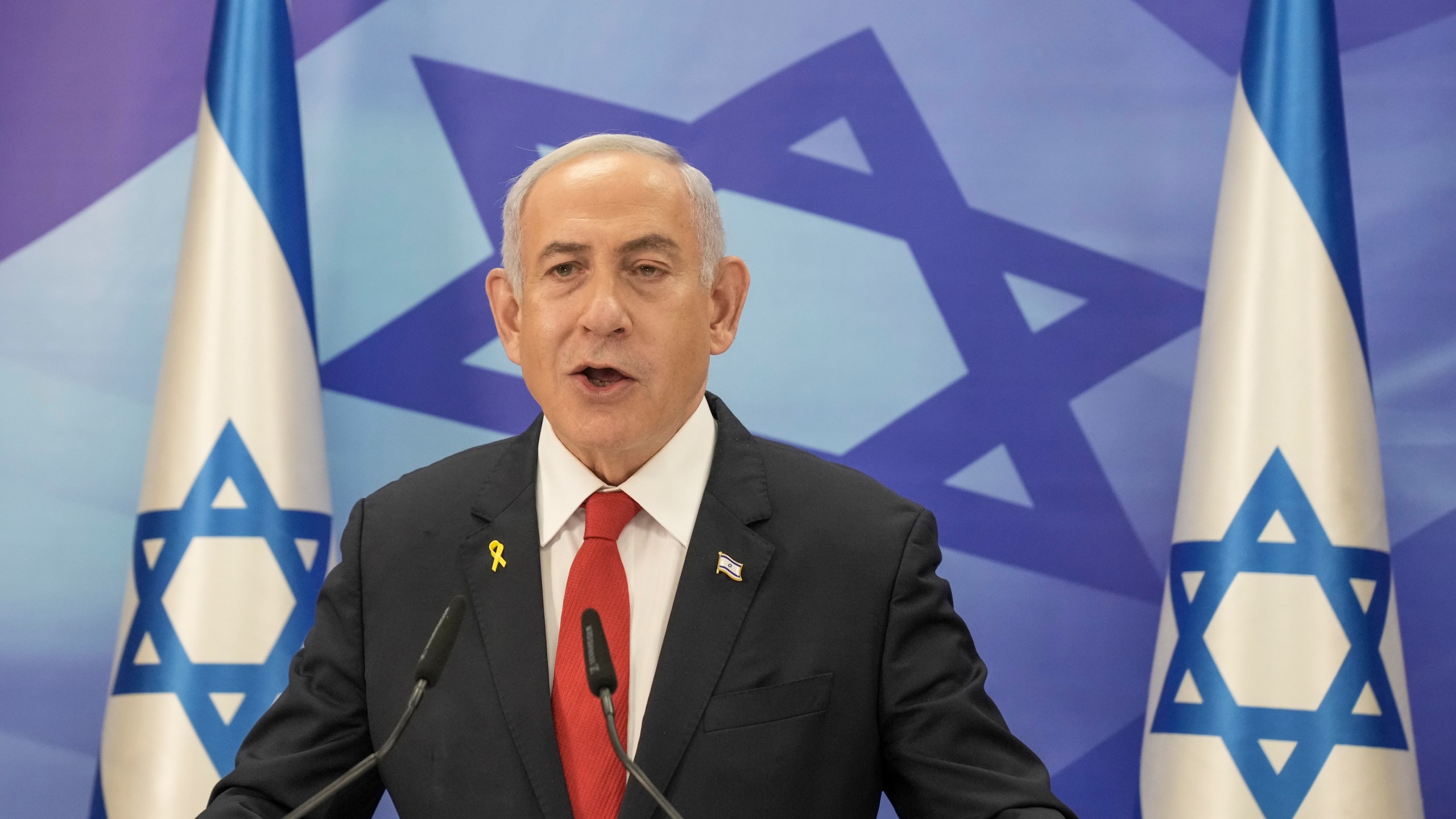 FILE - Israeli Prime Minister Benjamin Netanyahu speaks during a press conference in Jerusalem, Dec. 9, 2024. (AP Photo/Maya Alleruzzo, Pool, File)