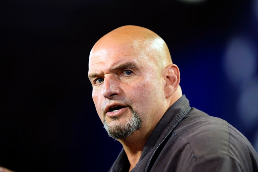 FILE - Sen. John Fetterman, D-Pa., speaks during a campaign event in York, Pa., Oct. 2, 2024. (AP Photo/Matt Rourke, File)