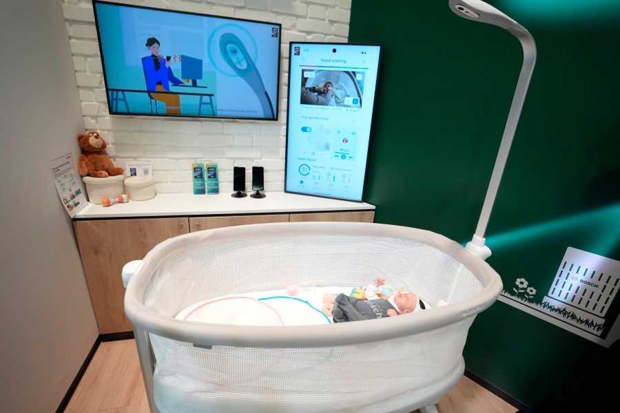 The Bosch Revol Smart Crib is displayed at a Bosch booth during the CES tech show Wednesday, Jan. 8, 2025, in Las Vegas. (AP Photo/Abbie Parr)