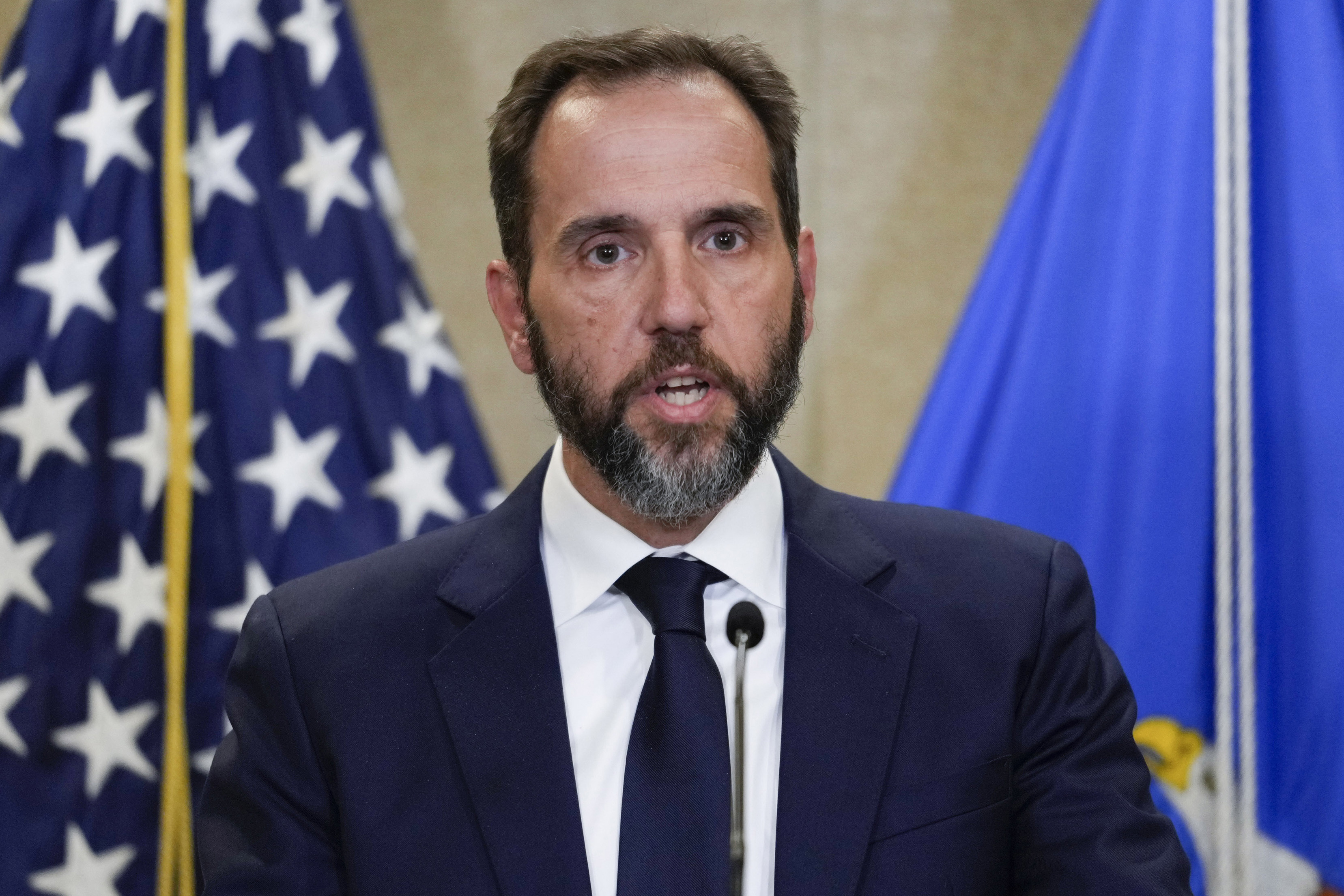 FILE - Special counsel Jack Smith speaks to the media about an indictment of former President Donald Trump, Aug. 1, 2023, at an office of the Department of Justice in Washington. (AP Photo/J. Scott Applewhite, File)