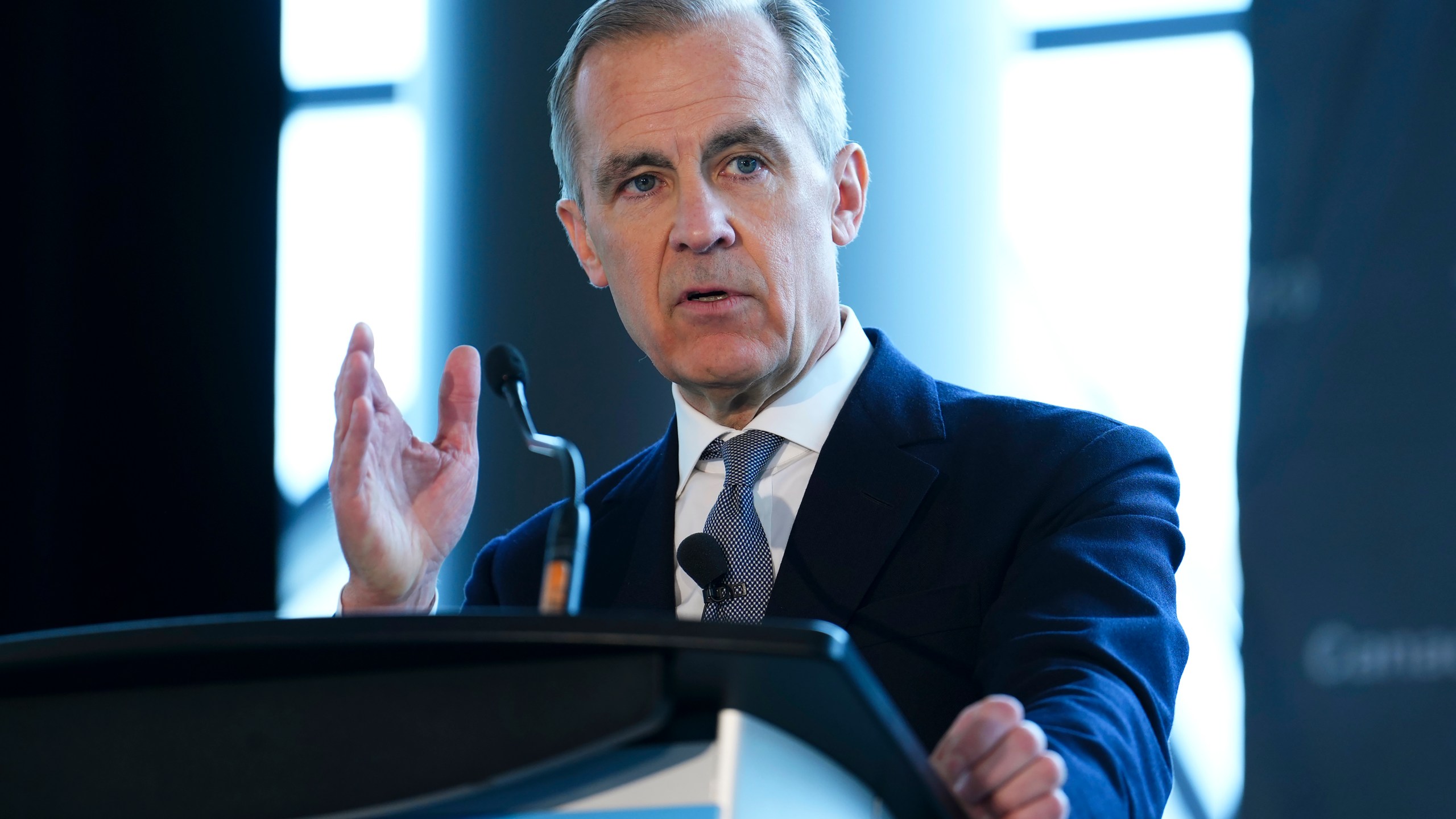 FILE - Canada 2020 Advisory Board Chair and former Governor of the Bank of Canada and Bank of England Mark Carney speaks during the Canada 2020 Net-Zero Leadership Summit in Ottawa on Wednesday, April 19, 2023. (Sean Kilpatrick/The Canadian Press via AP, File)