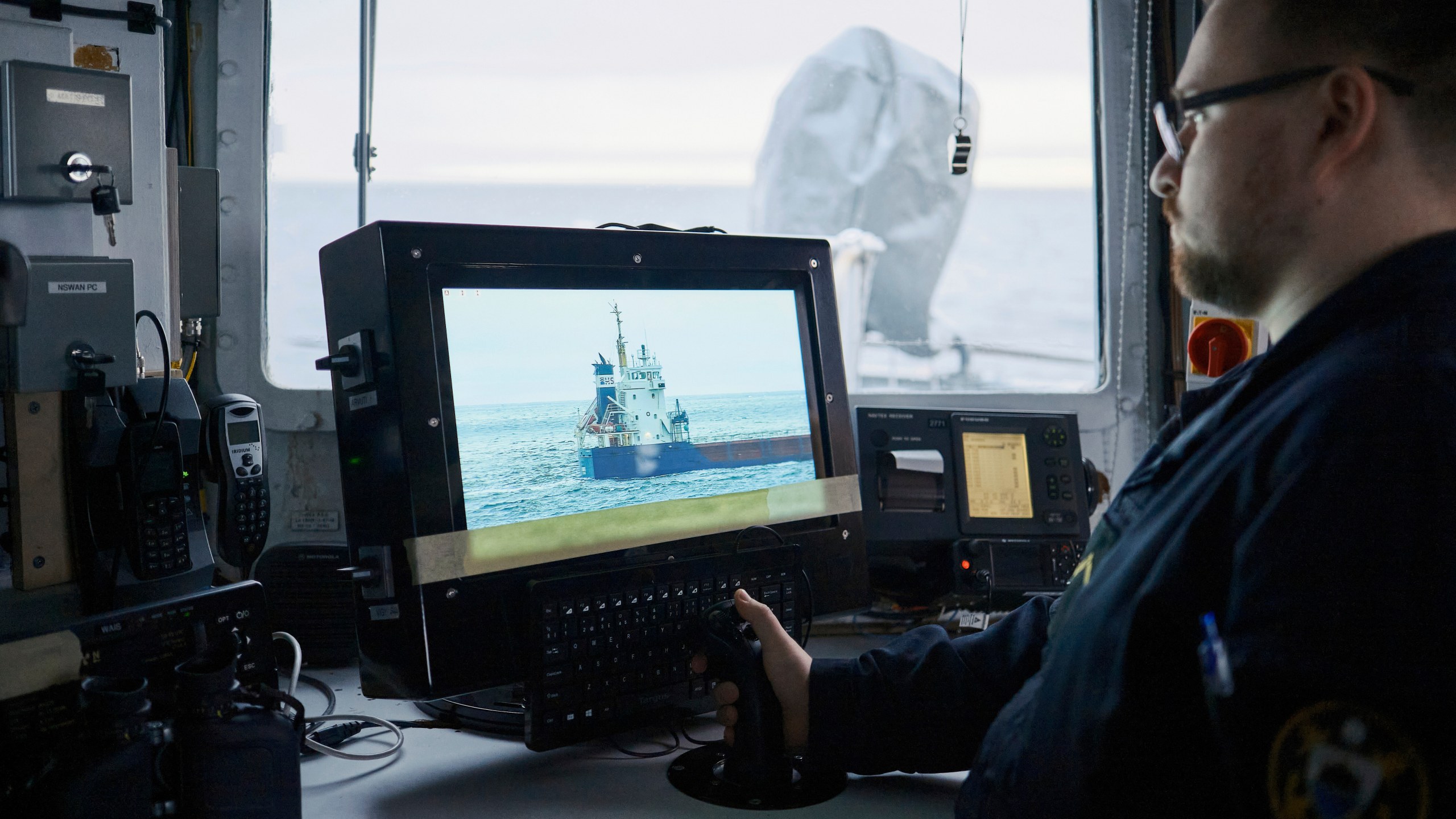 An Estonian naval ship sails in the Baltic Sea on Thursday, Jan. 9, 2025, as part of stepped-up NATO patrols in the region following suspected sabotage of undersea cables. (AP Photo/Hendrik Osula)