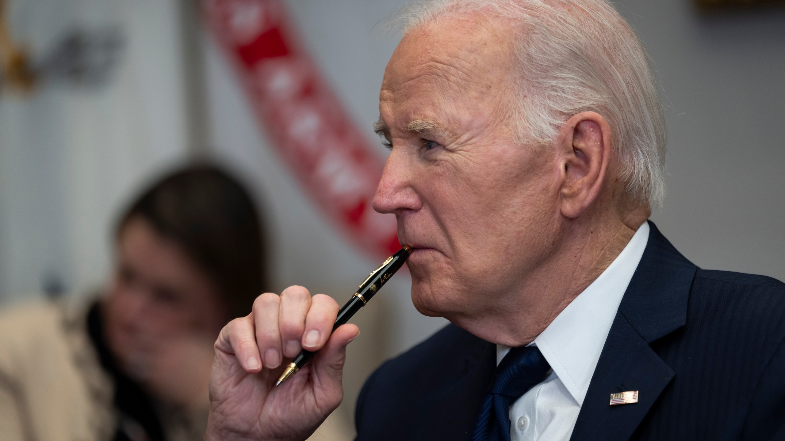 President Joe Biden listens during a briefing regarding the federal response to the spread of wildfires in the Los Angeles area, in the Roosevelt Room at the White House in Washington, Thursday, Jan. 9, 2025. (AP Photo/Ben Curtis)