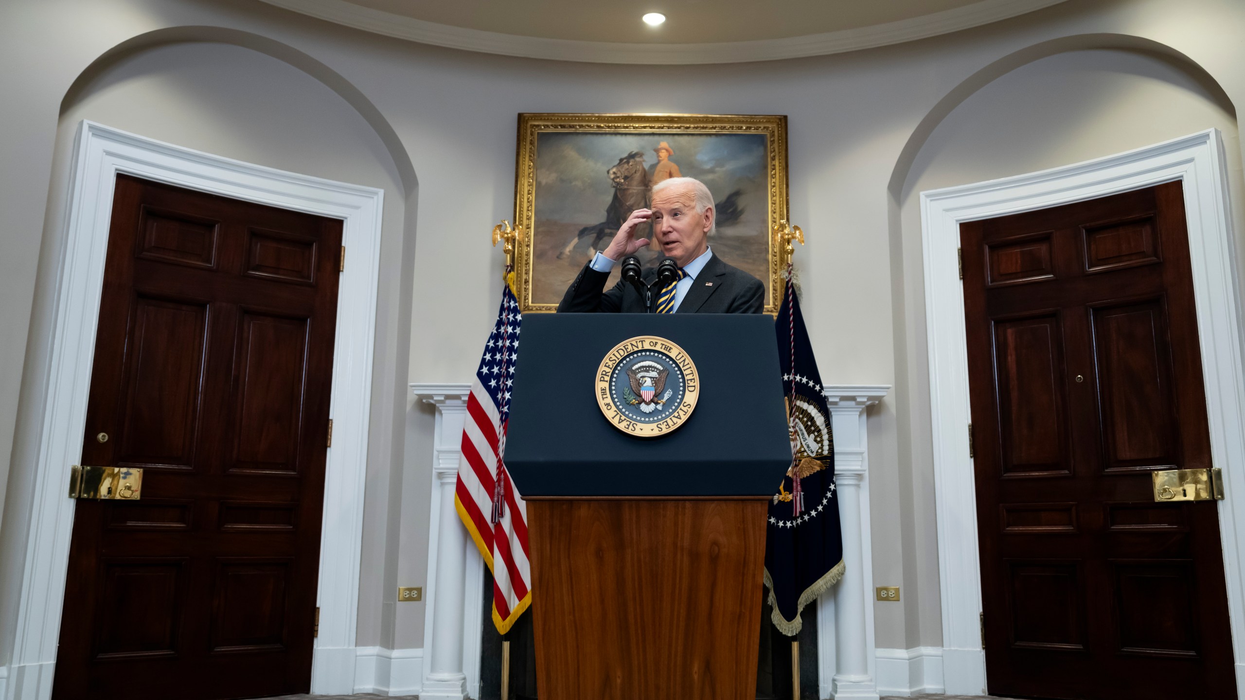 President Joe Biden speaks in the Roosevelt Room at the White House in Washington, Friday, Jan. 10, 2025. (AP Photo/Ben Curtis)