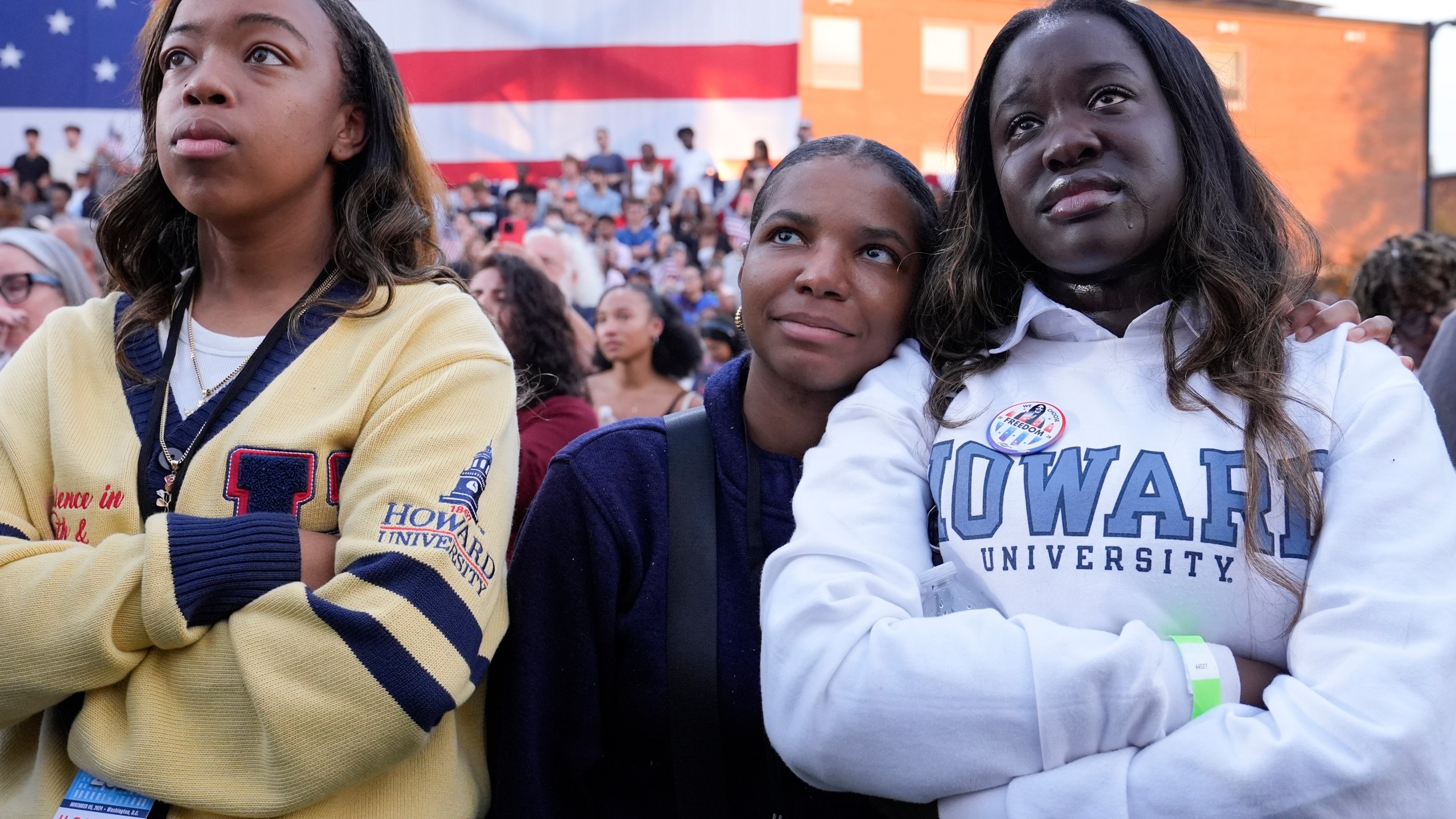 FILE - Supporters look on as Vice President Kamala Harris delivers a concession speech for the 2024 presidential election, Nov. 6, 2024, on the campus of Howard University in Washington. (AP Photo/Susan Walsh, File)