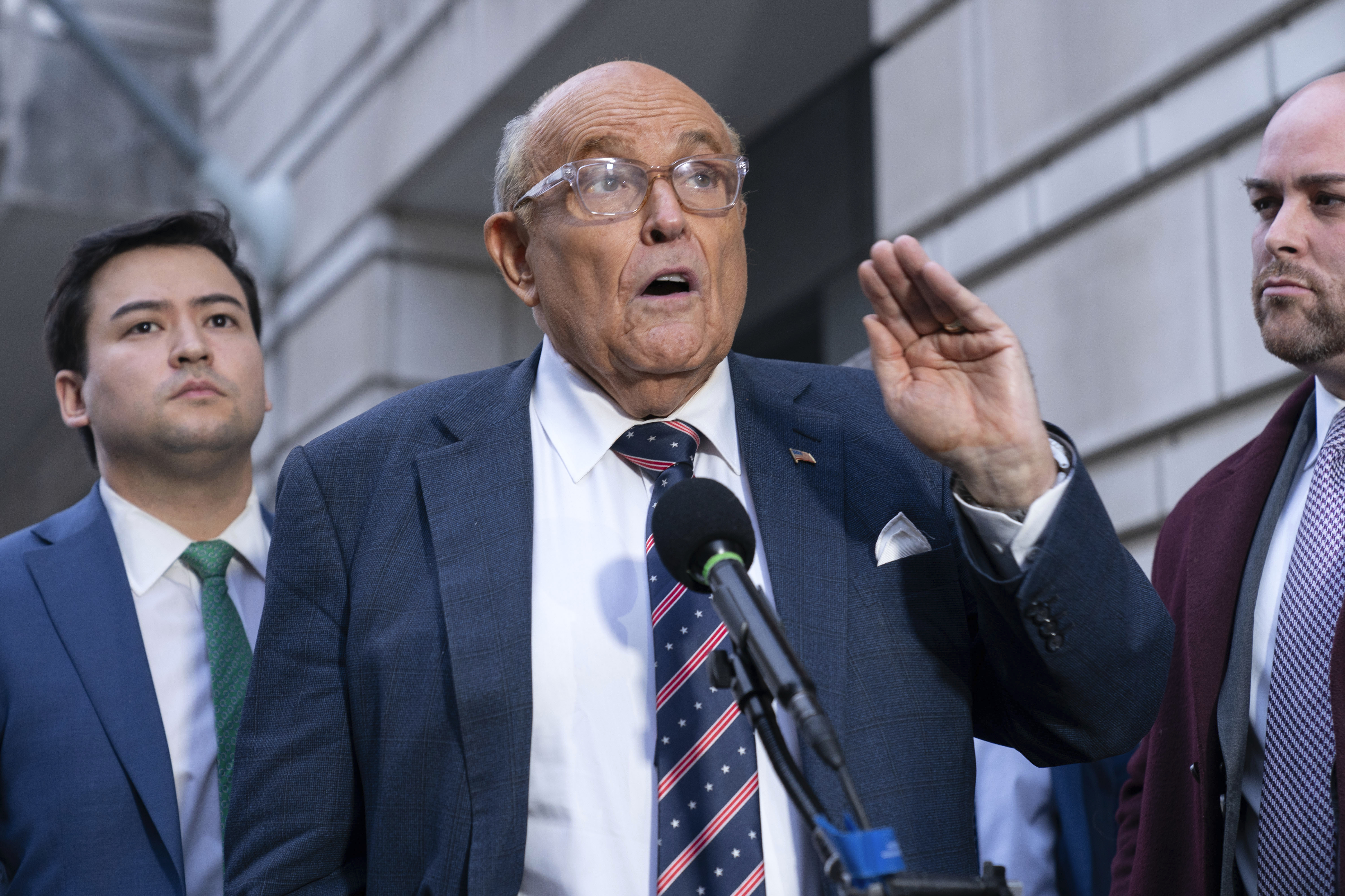 Rudy Giuliani speaks after leaving federal court in Washington, Friday, Jan. 10, 2025. (AP Photo/Jose Luis Magana)