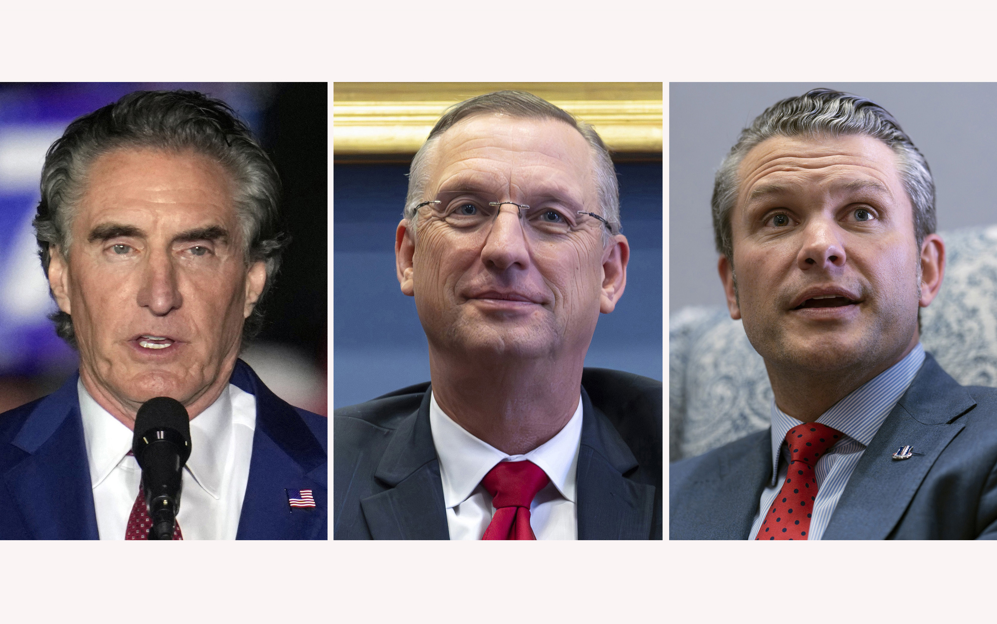 This combination photo of President-elect Donald Trump's nominees who will have confirmation hearings Tuesday, Jan. 14, 2025, shows Interior Department nominee North Dakota Gov. Doug Burgum, from left, Secretary of Veterans Affairs nominee Doug Collins and Defense Secretary nominee Pete Hegseth. (AP Photo)