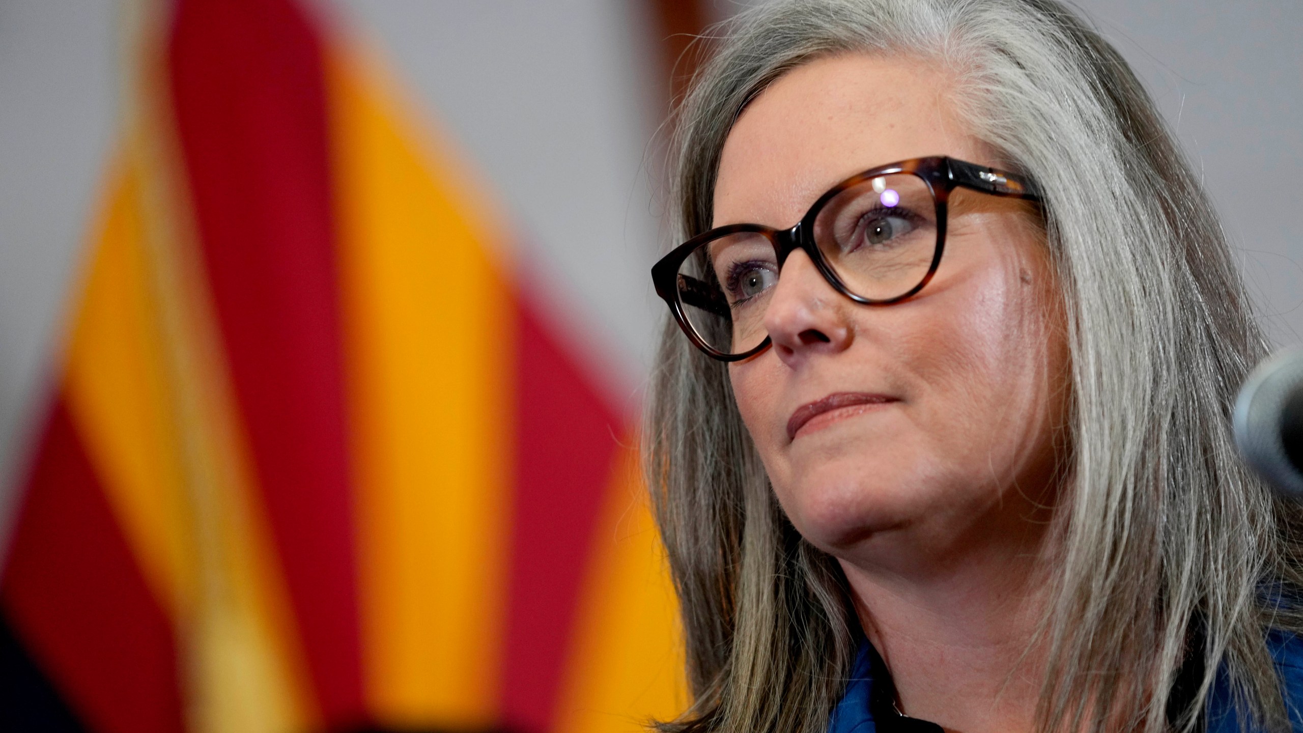 FILE - Arizona Gov. Katie Hobbs, speaks prior to signing the repeal of the Civil War-era near-total abortion ban, May 2, 2024, at the Capitol in Phoenix. (AP Photo/Matt York, File)