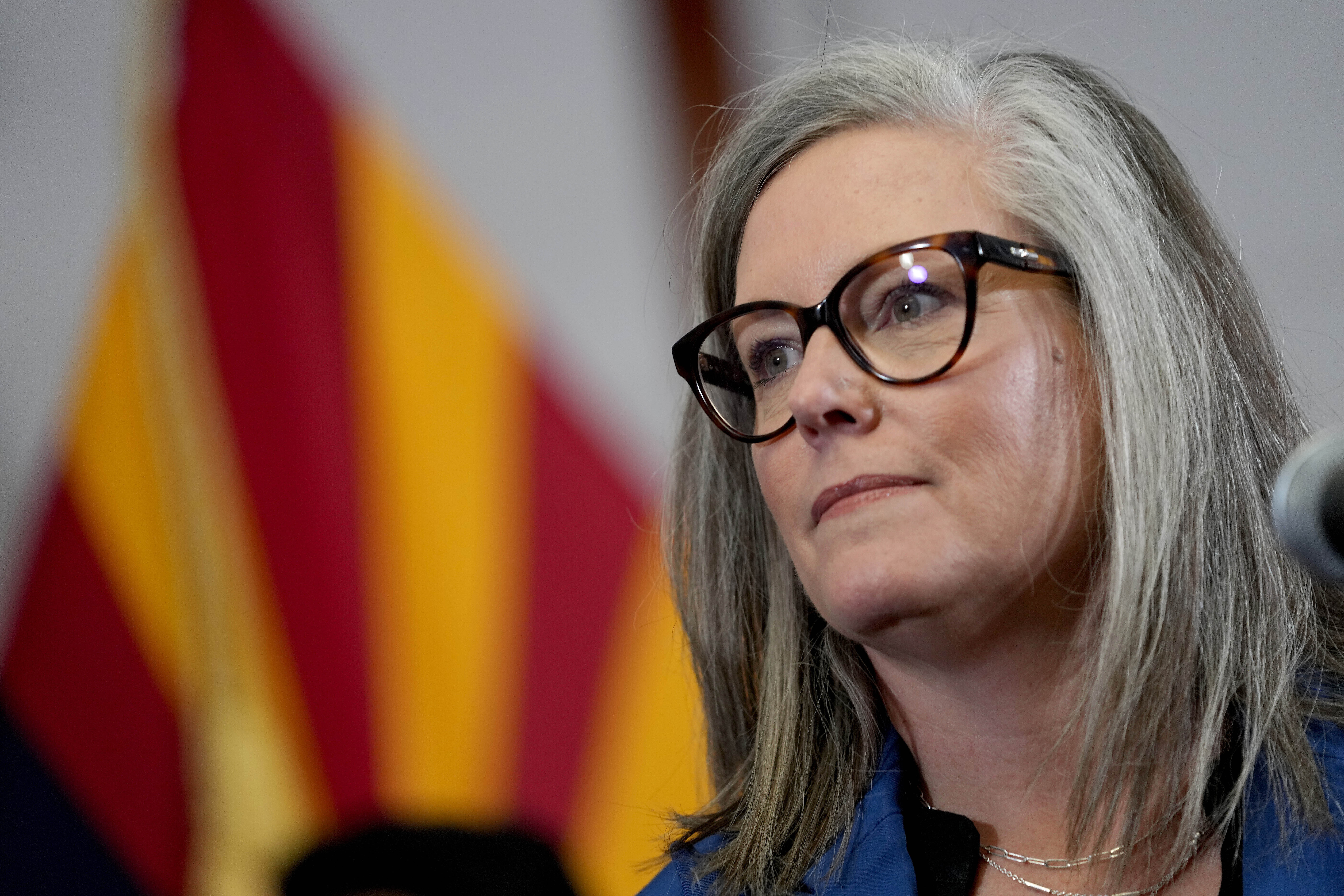 FILE - Arizona Gov. Katie Hobbs, speaks prior to signing the repeal of the Civil War-era near-total abortion ban, May 2, 2024, at the Capitol in Phoenix. (AP Photo/Matt York, File)