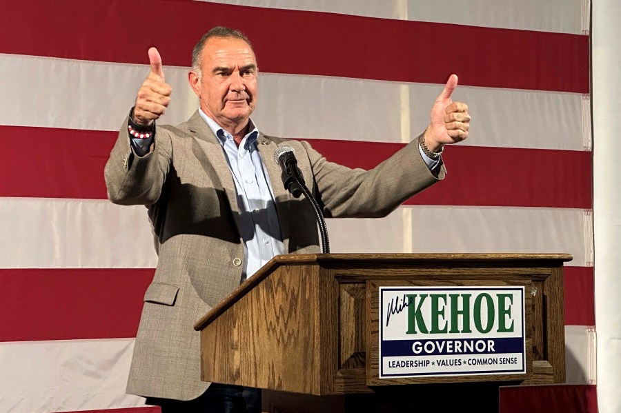 FILE - Missouri Lt. Gov. Mike Kehoe celebrates after winning the Republican primary for governor, Aug. 6, 2024, in Jefferson City, Mo. (AP Photo/David A. Lieb, File)