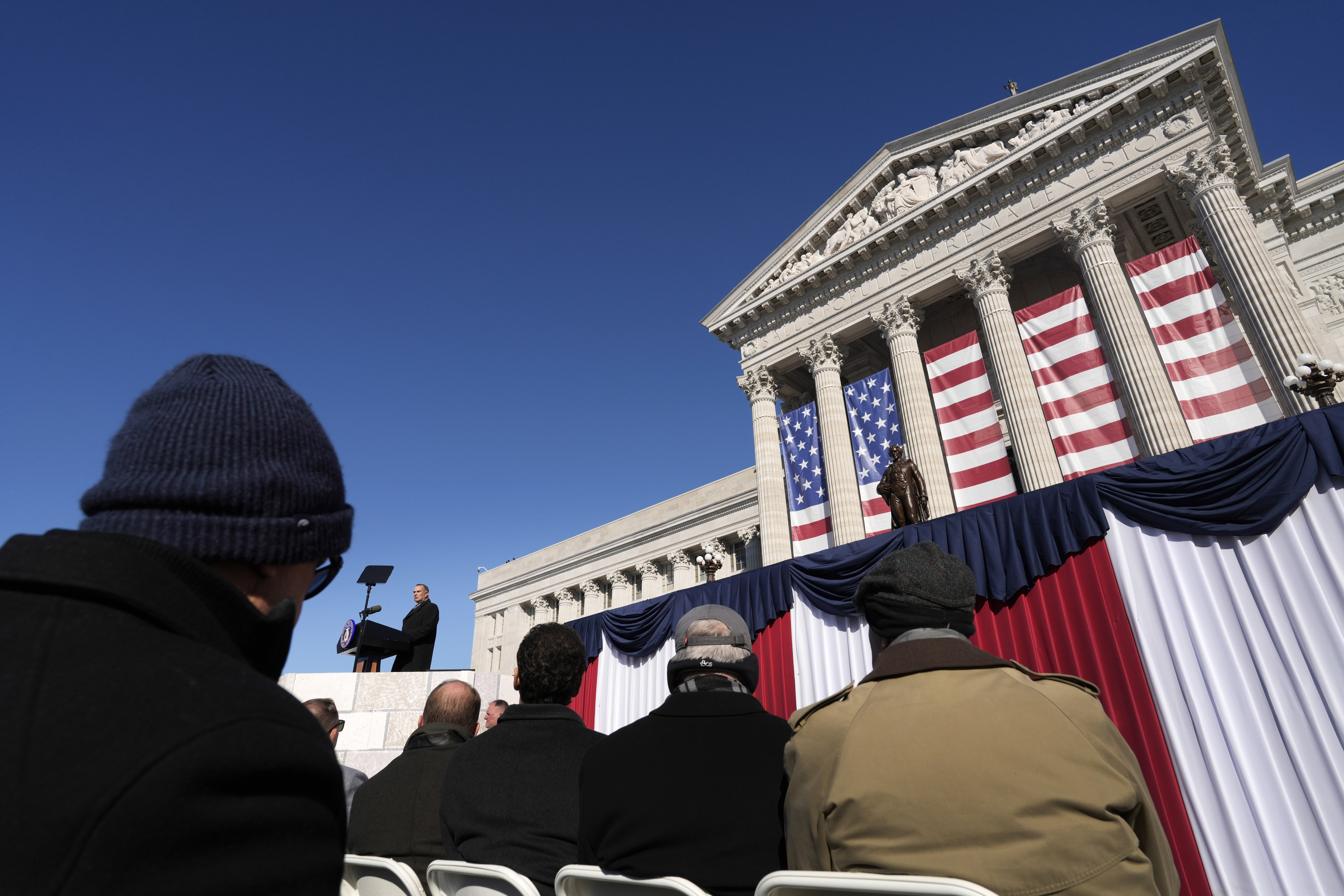 Gov. Mike Kehoe delivers his inaugural address after being sworn in as Missouri's 58th governor Monday, Jan. 13, 2025, in Jefferson City, Mo. (AP Photo/Jeff Roberson)