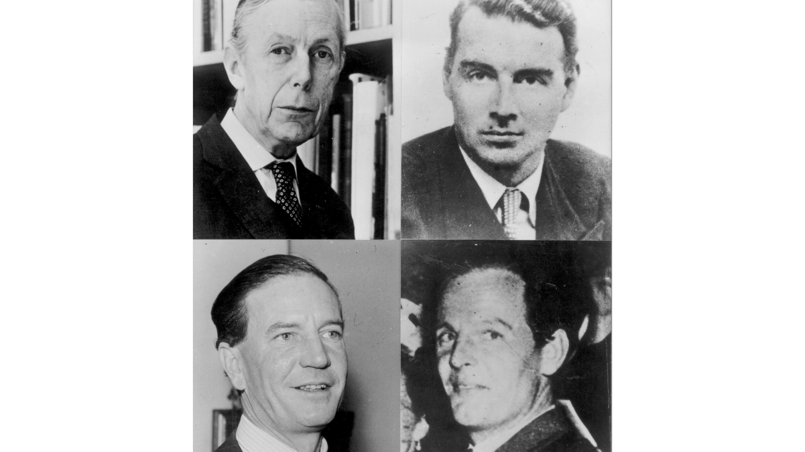 FILE - clockwise from top left, Anthony Blunt, Guy Burgess (who died in Moscow in 1963), Donald MacLean and Kim Philby, who tipped off Burgess and MacLean in 1951 forcing them to defect and then defecting himself in 1963. (PA via AP, File)