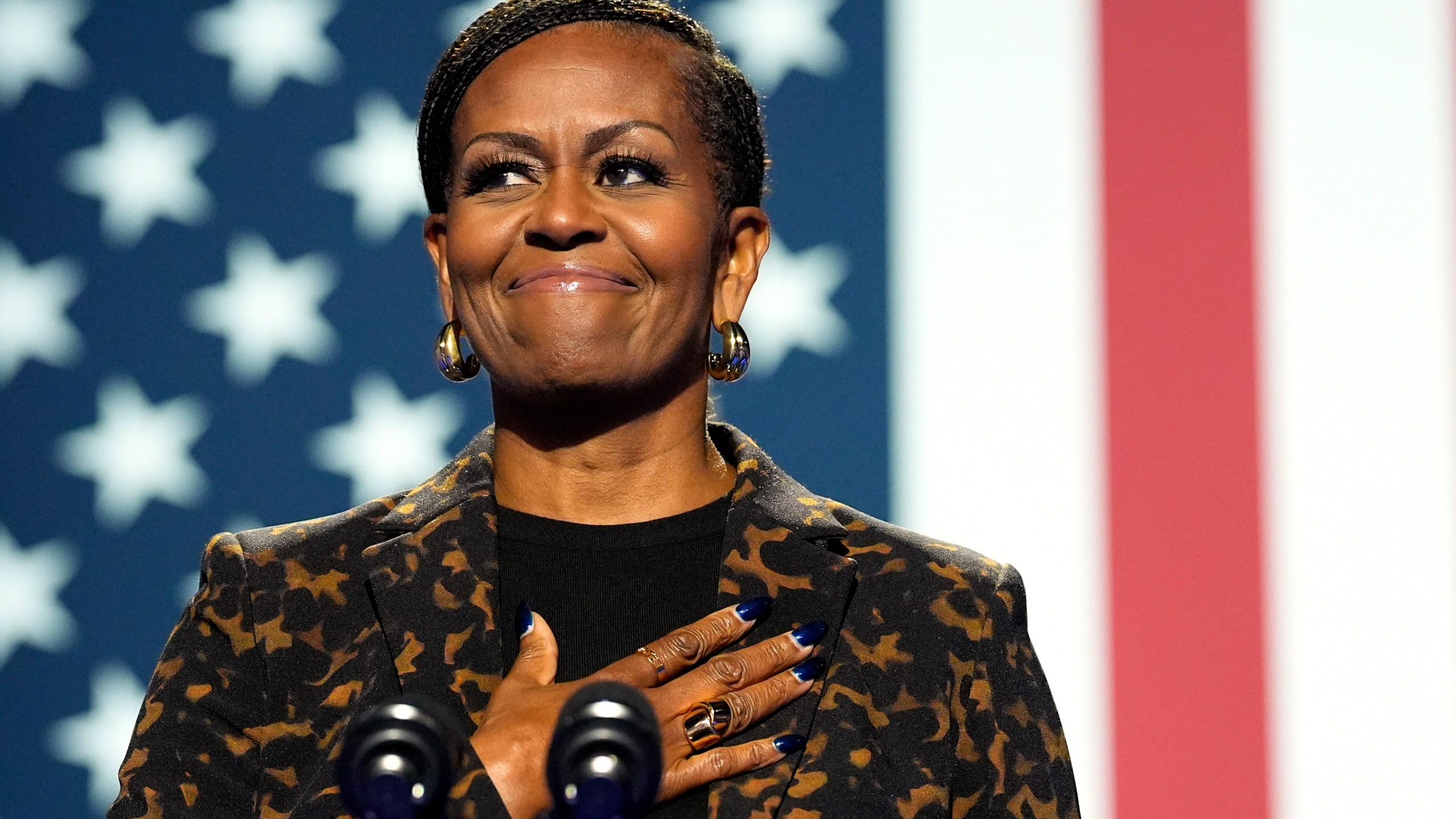 FILE - Former first lady Michelle Obama speaks at a campaign rally for democratic presidential nominee Vice President Kamala Harris at the Wings Event Center, in Kalamazoo, Mich., Oct. 26, 2024. (AP Photo/Jacquelyn Martin, File)