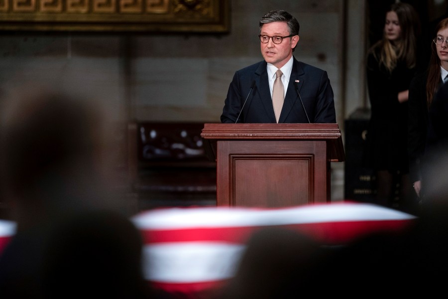 Speaker of the House Mike Johnson of Louisiana, speaks during a ceremony as the flag-draped casket of former President Jimmy Carter lies in state, at the Capitol, Tuesday, Jan. 7, 2025, in Washington. Carter died Dec. 29 at the age of 100. (Kent Nishimura/The New York Times via AP, Pool)