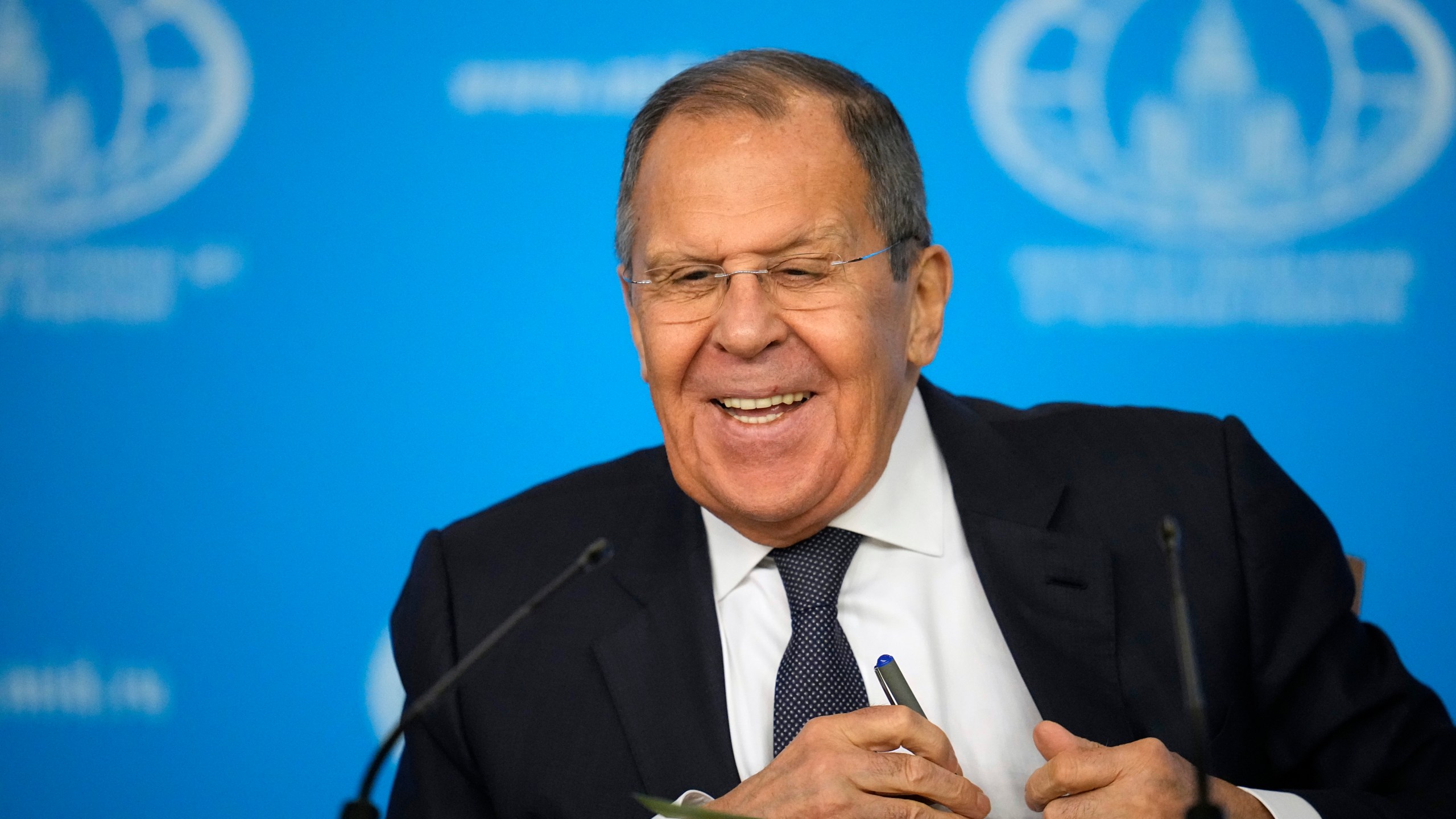 Russian Foreign Minister Sergey Lavrov smiles during his annual news conference in Moscow, Russia, Tuesday, Jan. 14, 2025. (AP Photo/Alexander Zemlianichenko)