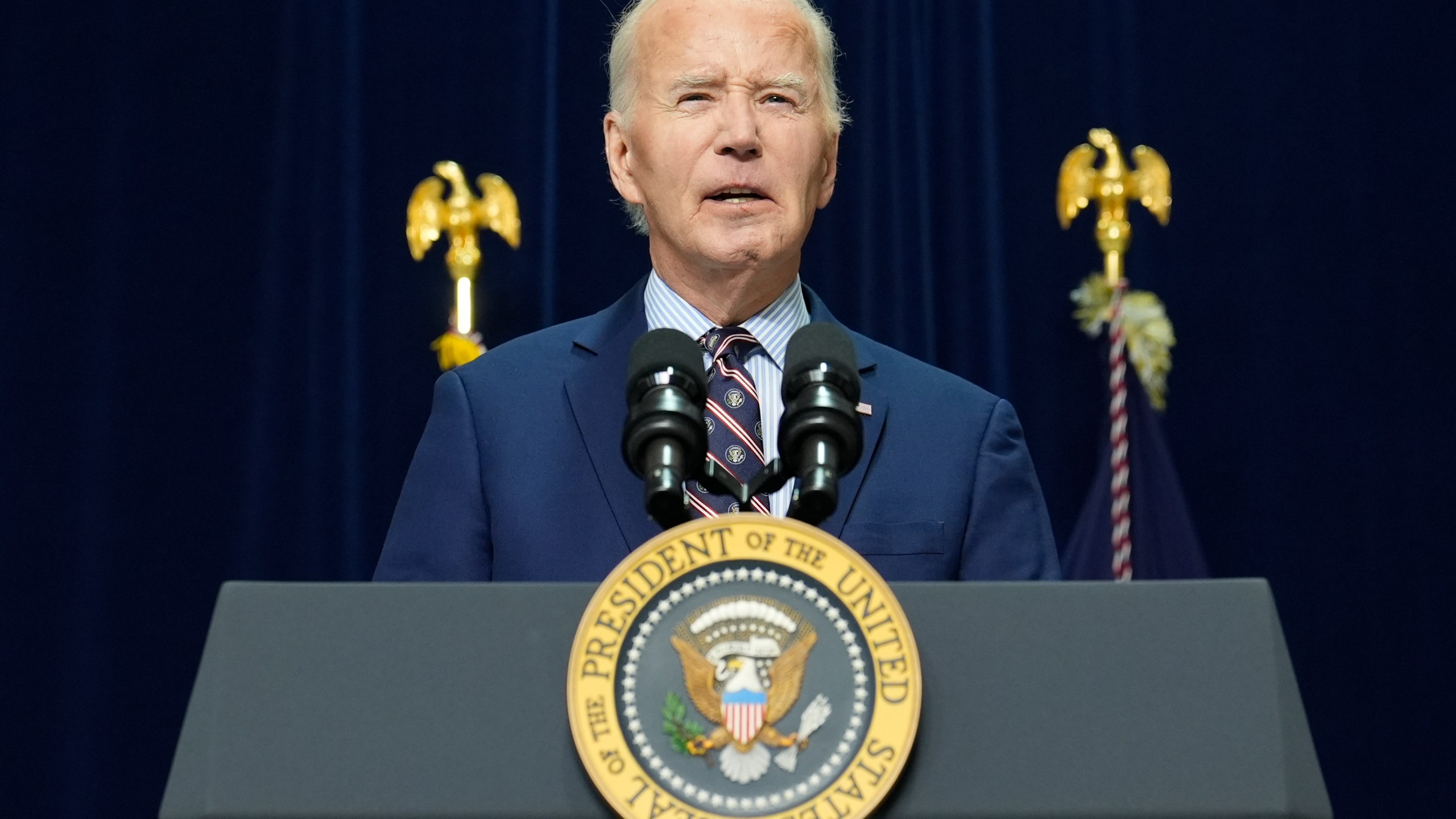 President Joe Biden makes a statement on the latest developments in New Orleans from Camp David, Md., Wednesday, Jan. 1, 2025. (AP Photo/Susan Walsh)