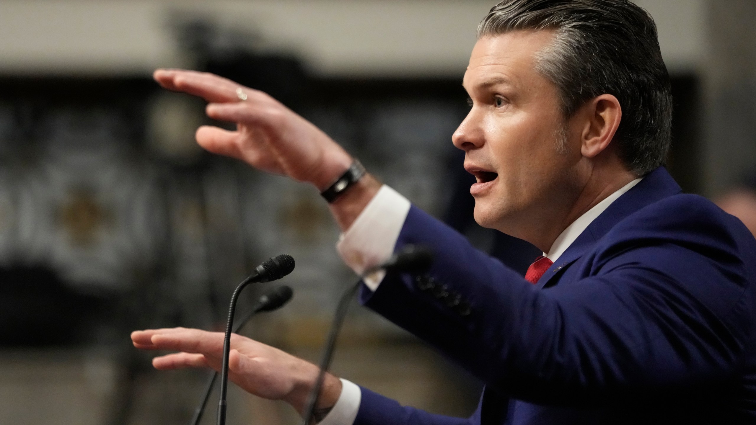 Pete Hegseth, President-elect Donald Trump's choice to be Defense secretary, speaks before the Senate Armed Services Committee for his confirmation hearing, at the Capitol in Washington, Tuesday, Jan. 14, 2025. (AP Photo/Ben Curtis)