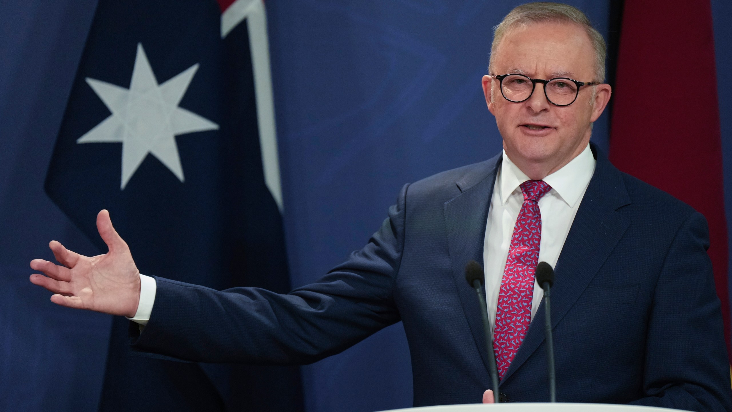 FILE - Australian Prime Minister Anthony Albanese gestures during a press conference in Sydney, Australia, Dec. 12, 2024. (AP Photo/Mark Baker, File)